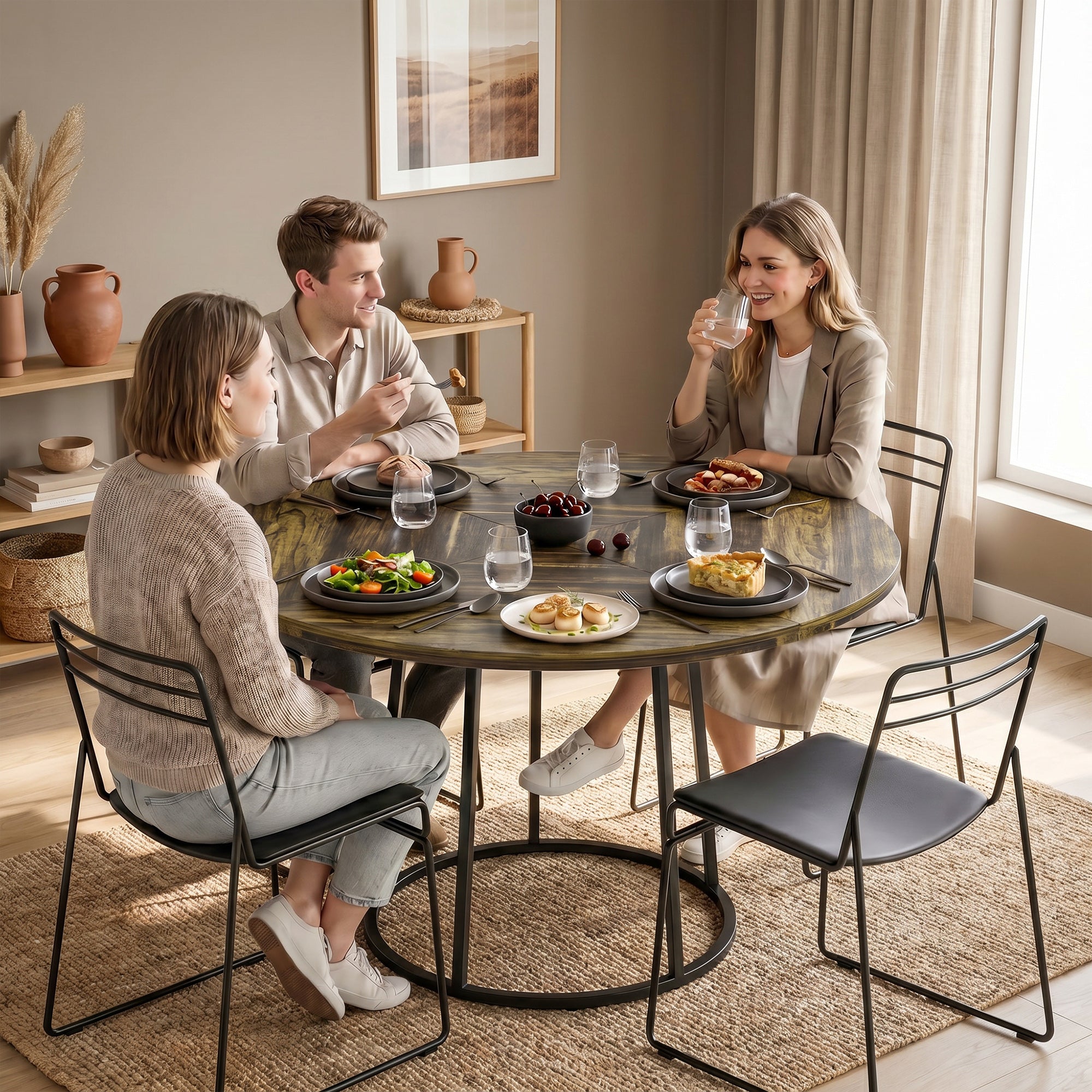 Modern Industrial Dining Table for 4-6 People, 120 cm Round Kitchen Table with Spliced Top and Conical Metal Base for Dining Room, Kitchen, Living Room, Rustic Brown