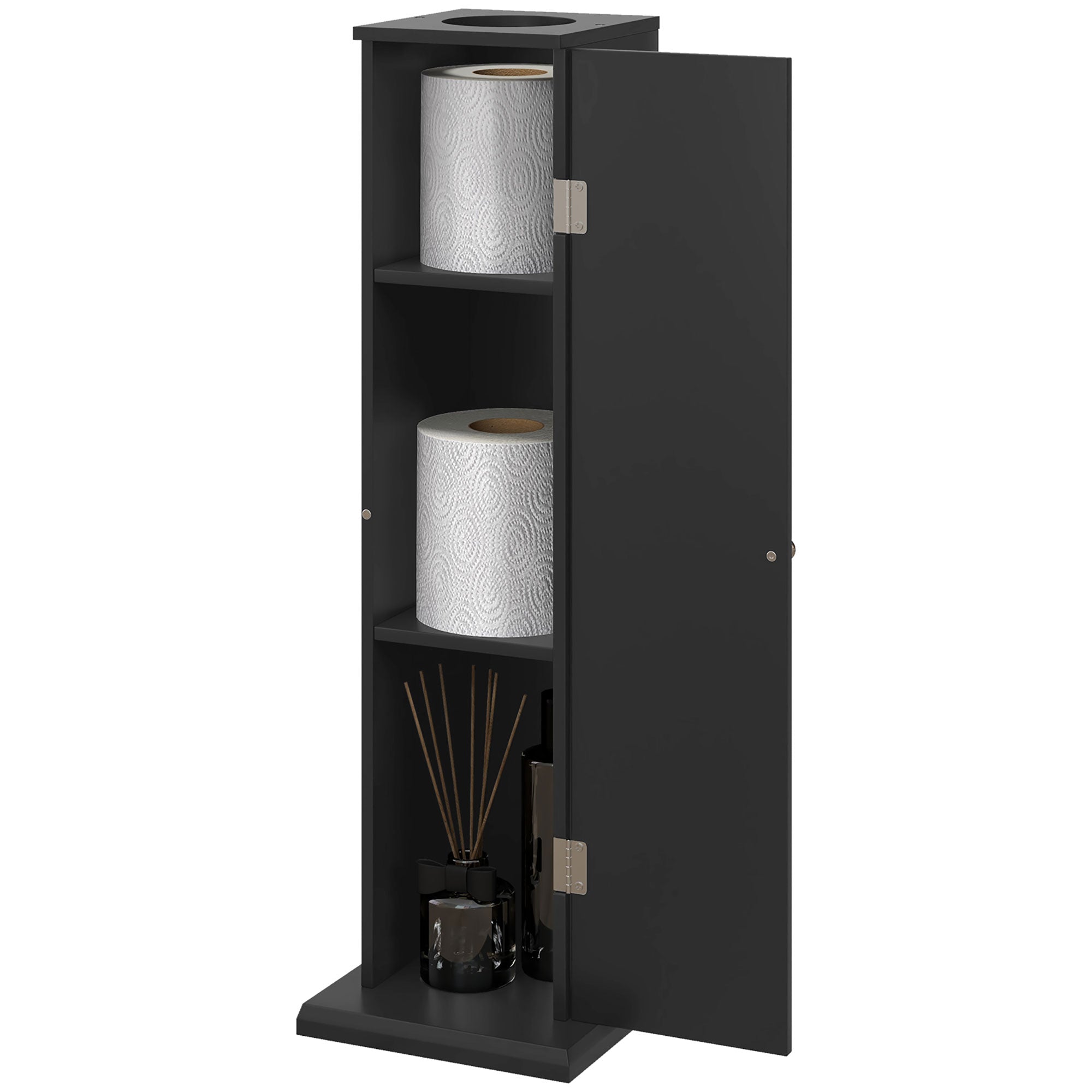 Small Toilet Paper Cabinet, Bathroom Corner Cabinet with Doors and Shelves for Paper Shampoo, Black