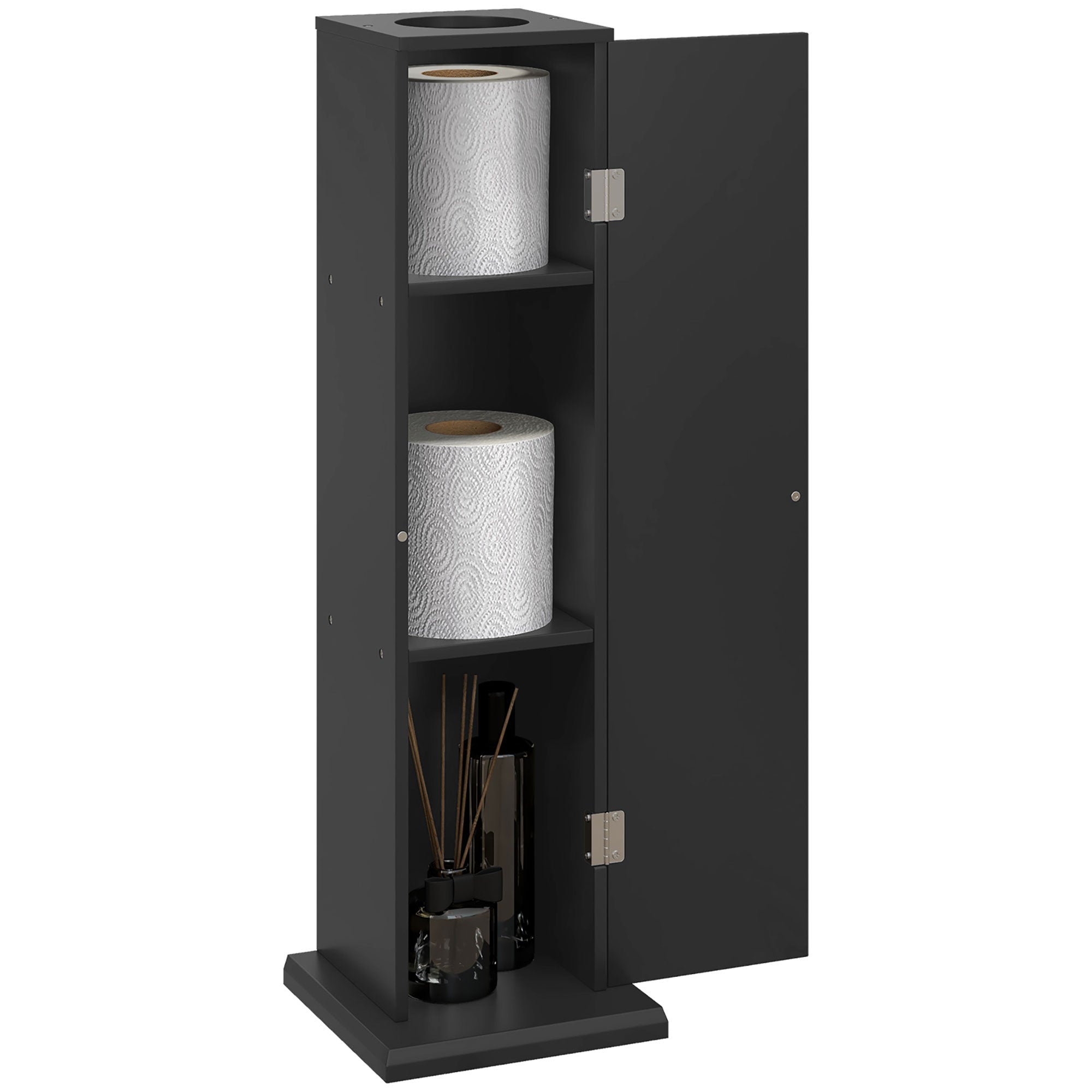 Small Toilet Paper Cabinet, Bathroom Corner Cabinet with Doors and Shelves for Paper Shampoo, Black