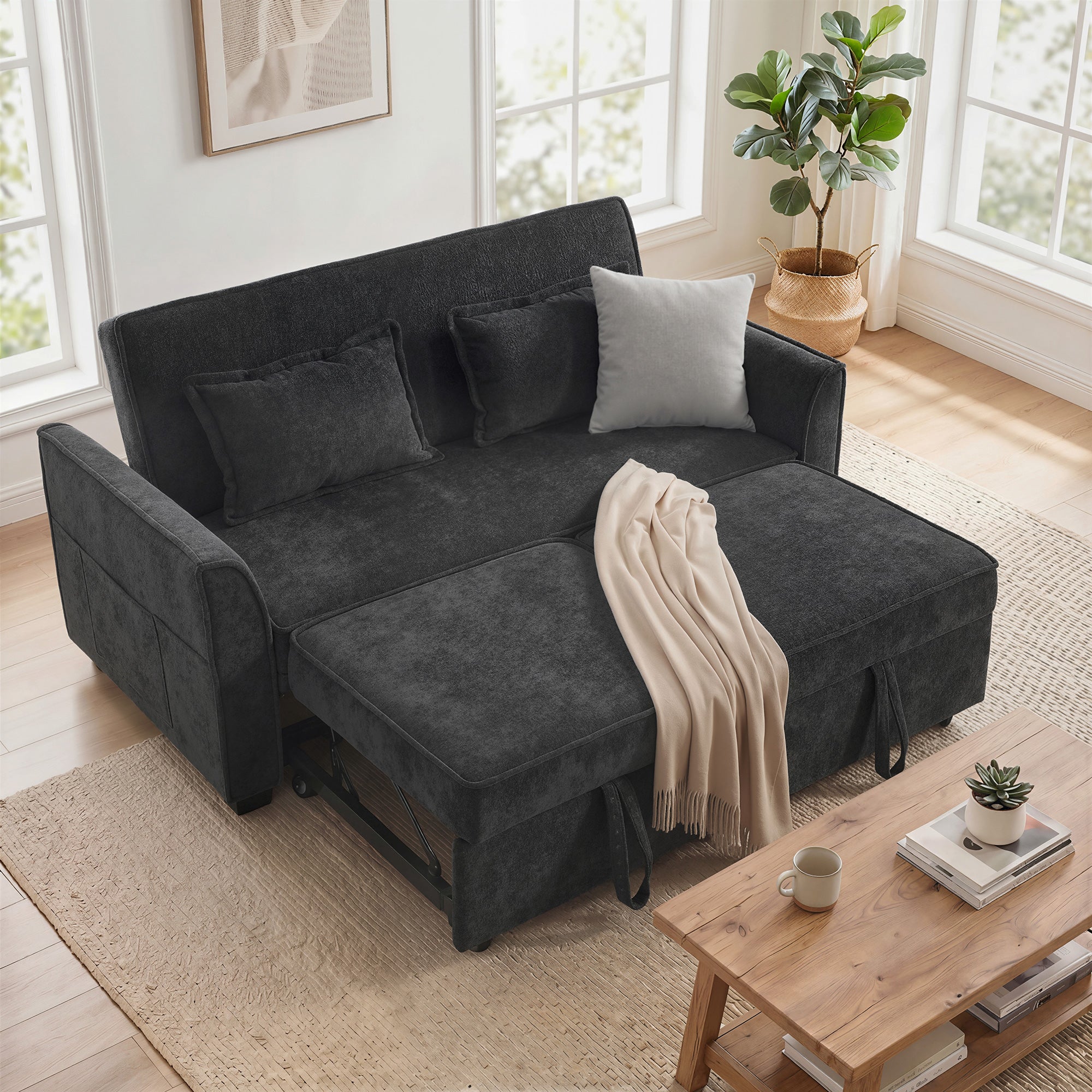 2 Seater Sofa Bed, 4-in-1 L Shaped Convertible Pull Out Sleeper Sofa with Adjustable Backrest, Chenille Loveseat with 2 Pillows, Wide Deep Seat, Side Pockets for Living Room, Black