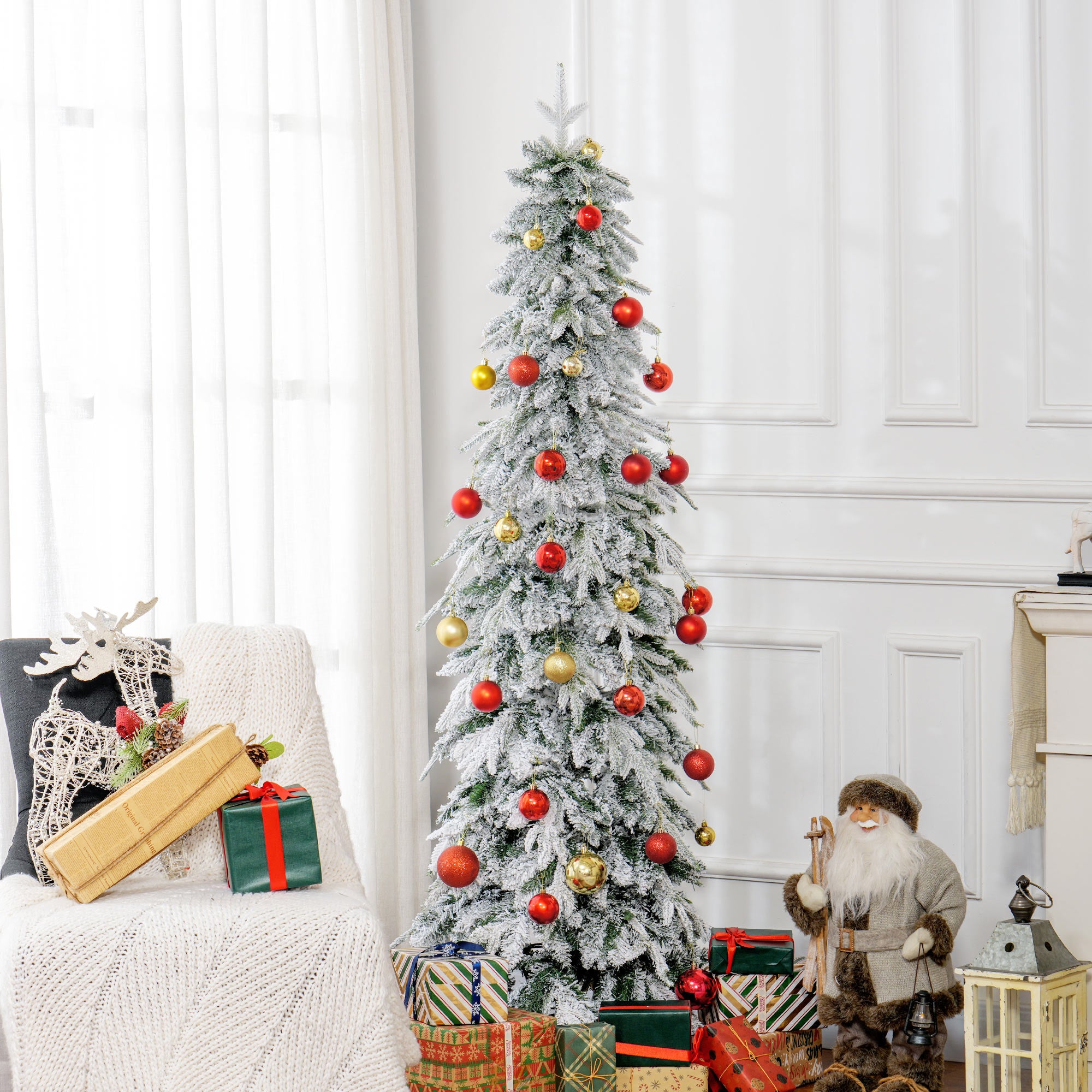 6ft Pencil Artificial Christmas Tree, Snow Flocked Xmas Tree with Downswept Branches and 600 Tips, Auto Open, Steel Base, Holiday Decoration for Home Office, Green