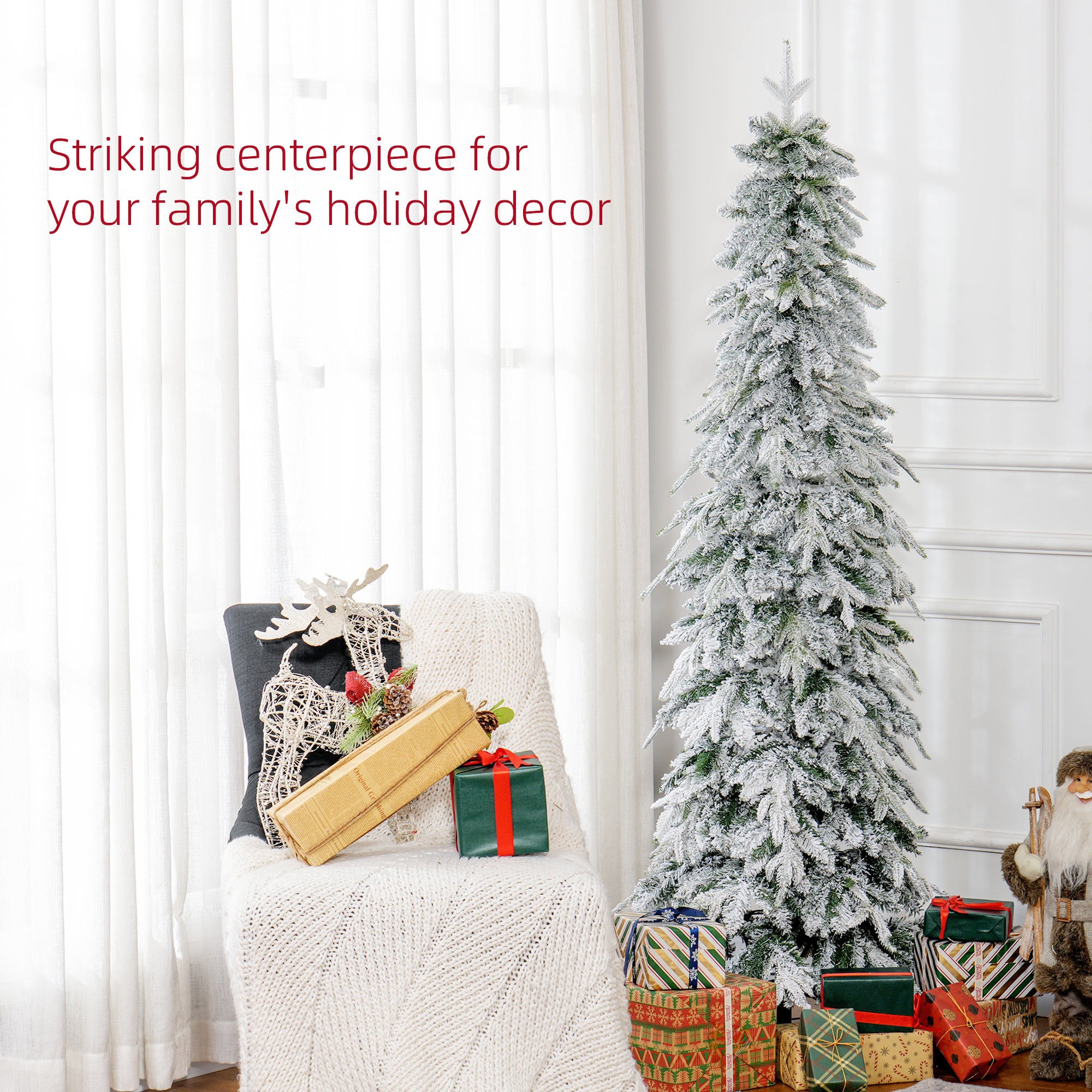 6ft Pencil Artificial Christmas Tree, Snow Flocked Xmas Tree with Downswept Branches and 600 Tips, Auto Open, Steel Base, Holiday Decoration for Home Office, Green