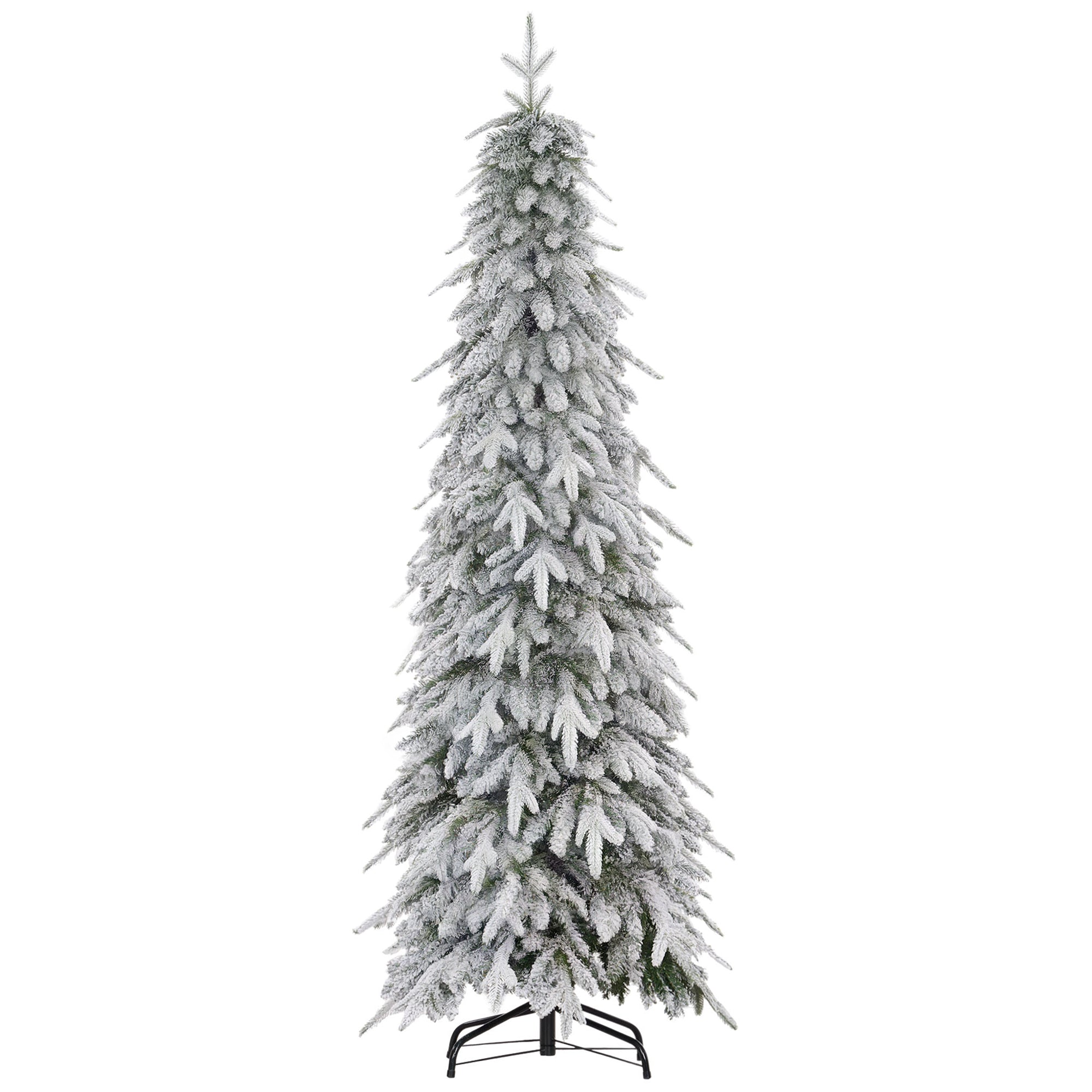 6ft Pencil Artificial Christmas Tree, Snow Flocked Xmas Tree with Downswept Branches and 600 Tips, Auto Open, Steel Base, Holiday Decoration for Home Office, Green