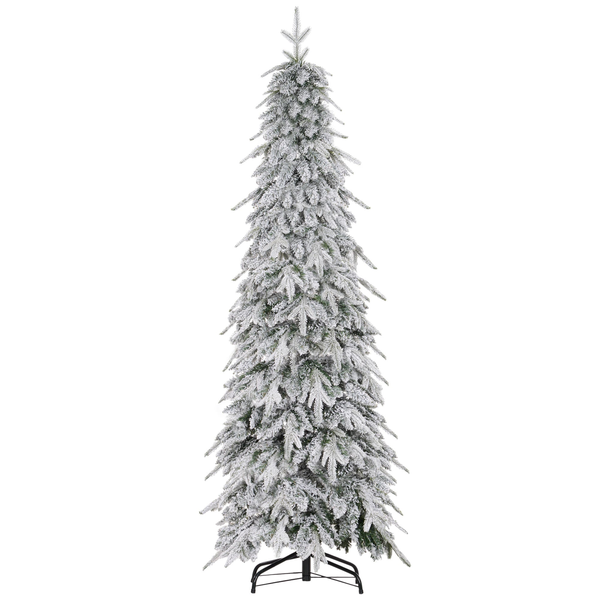 6ft Pencil Artificial Christmas Tree, Snow Flocked Xmas Tree with Downswept Branches and 600 Tips, Auto Open, Steel Base, Holiday Decoration for Home Office, Green