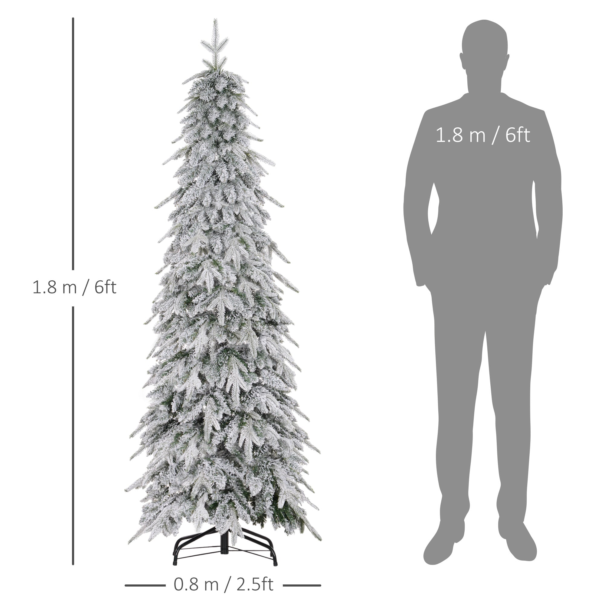 6ft Pencil Artificial Christmas Tree, Snow Flocked Xmas Tree with Downswept Branches and 600 Tips, Auto Open, Steel Base, Holiday Decoration for Home Office, Green