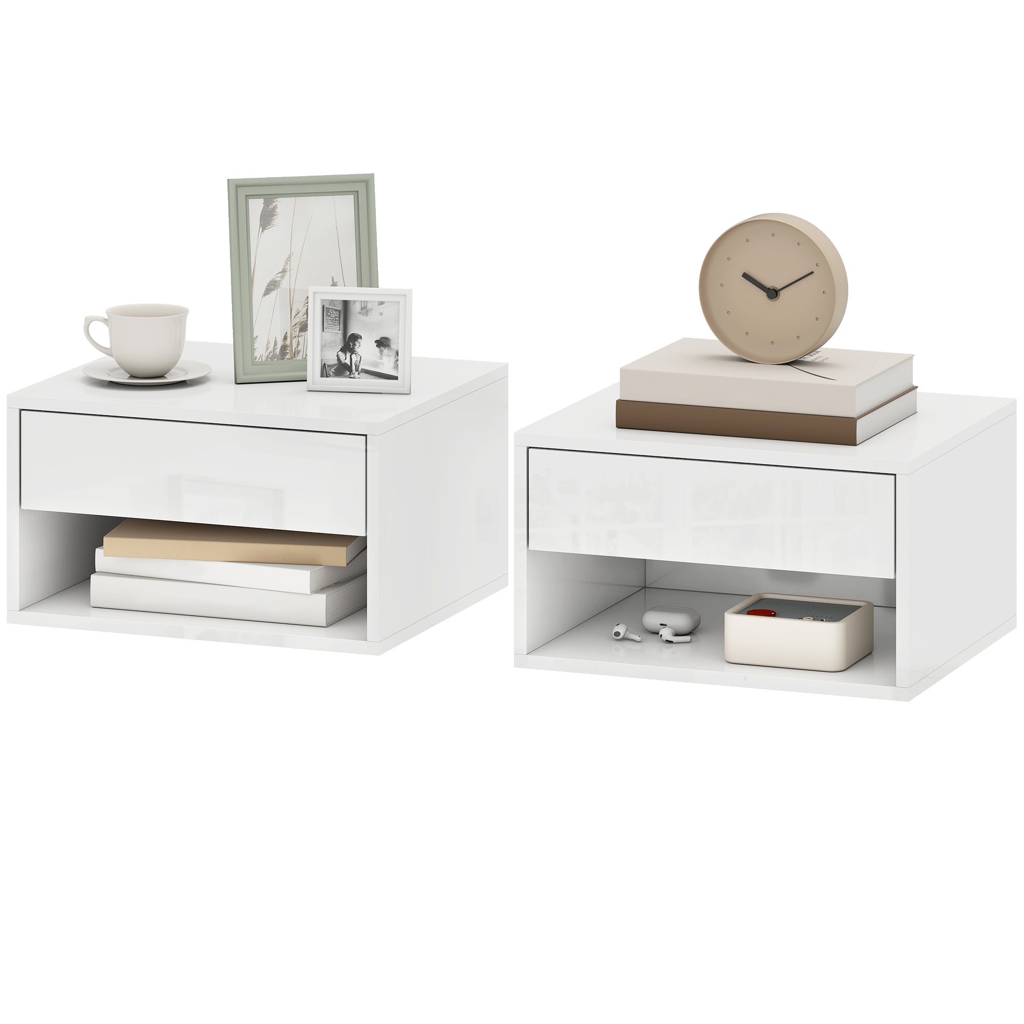 Floating Bedside Tables Set of 2, Wall-Mounted Nightstand with Drawer and Open Shelf for Bedroom, High Gloss White