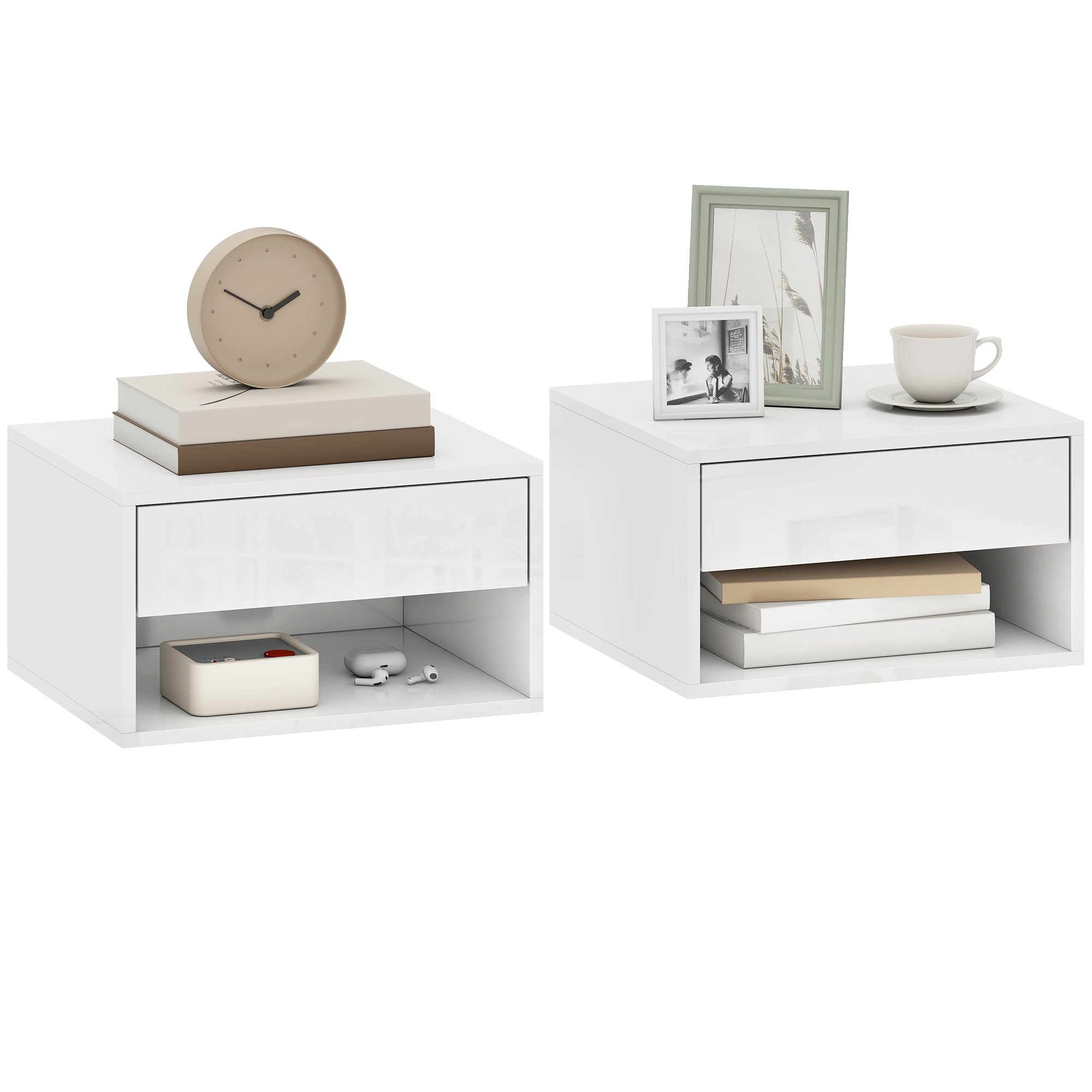 Floating Bedside Tables Set of 2, Wall-Mounted Nightstand with Drawer and Open Shelf for Bedroom, High Gloss White