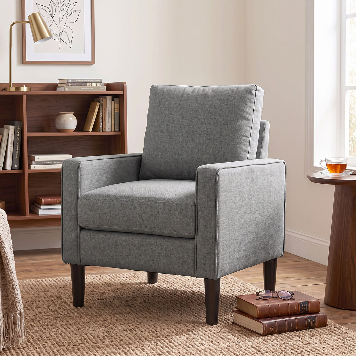 Armchair, Removable Pillow Linen Accent Chair, Comfy Spring Cushion Reading Lounge for Living Room, Bedroom, Study, Dark Grey
