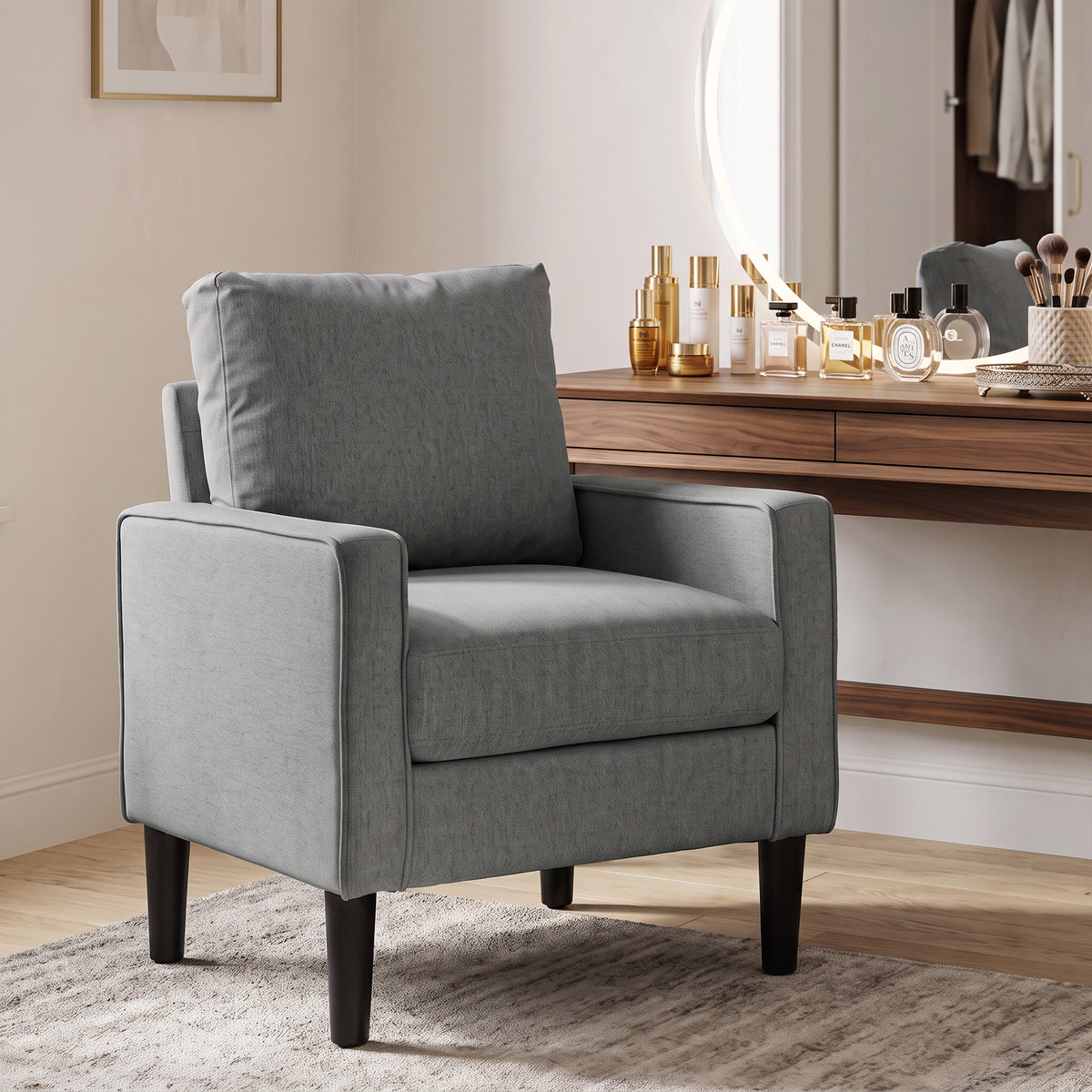Armchair, Removable Pillow Linen Accent Chair, Comfy Spring Cushion Reading Lounge for Living Room, Bedroom, Study, Dark Grey