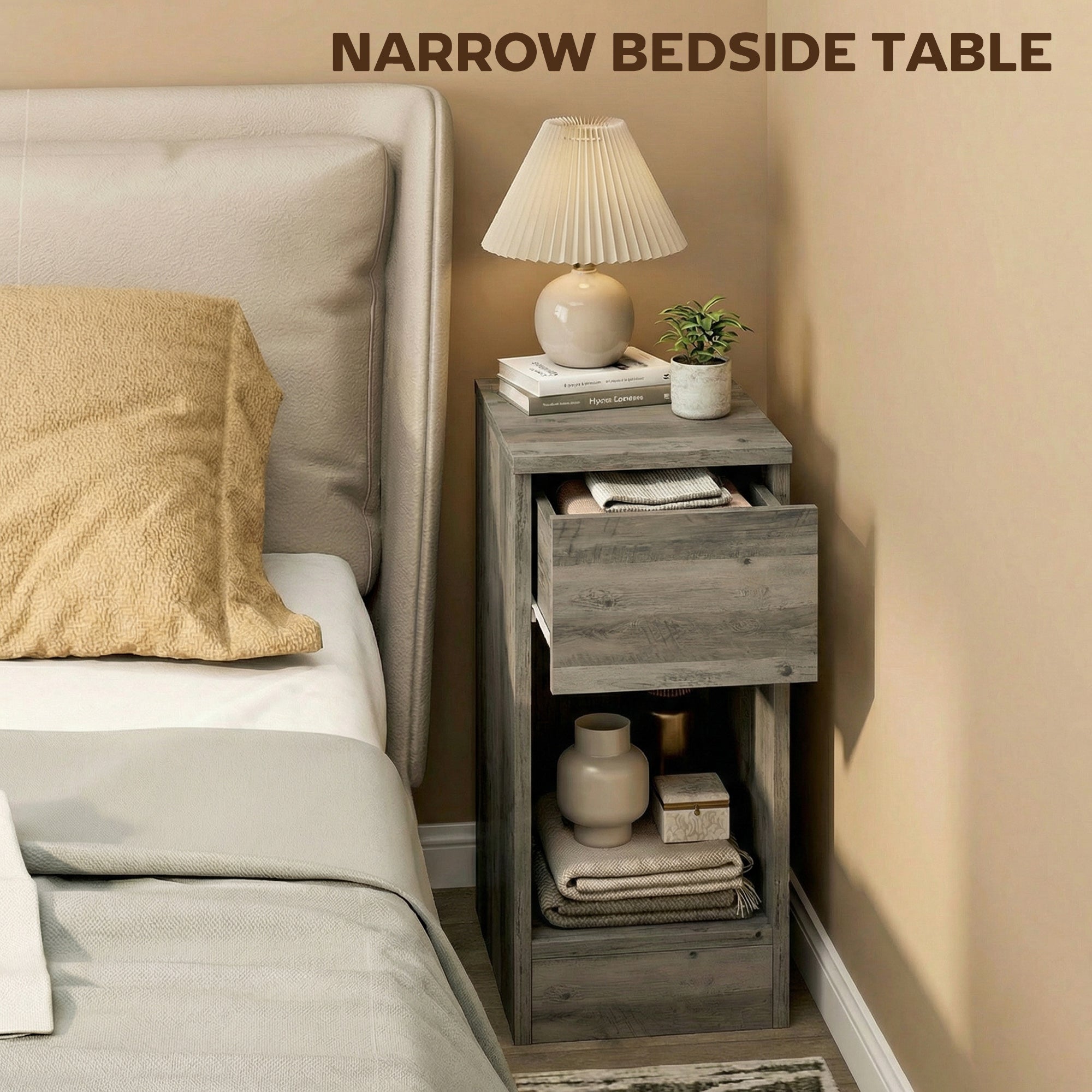 Bedside Tables Set of 2, Modern Side Tables with Drawer and Shelf, Nightstands for Bedroom, Living Room, Grey