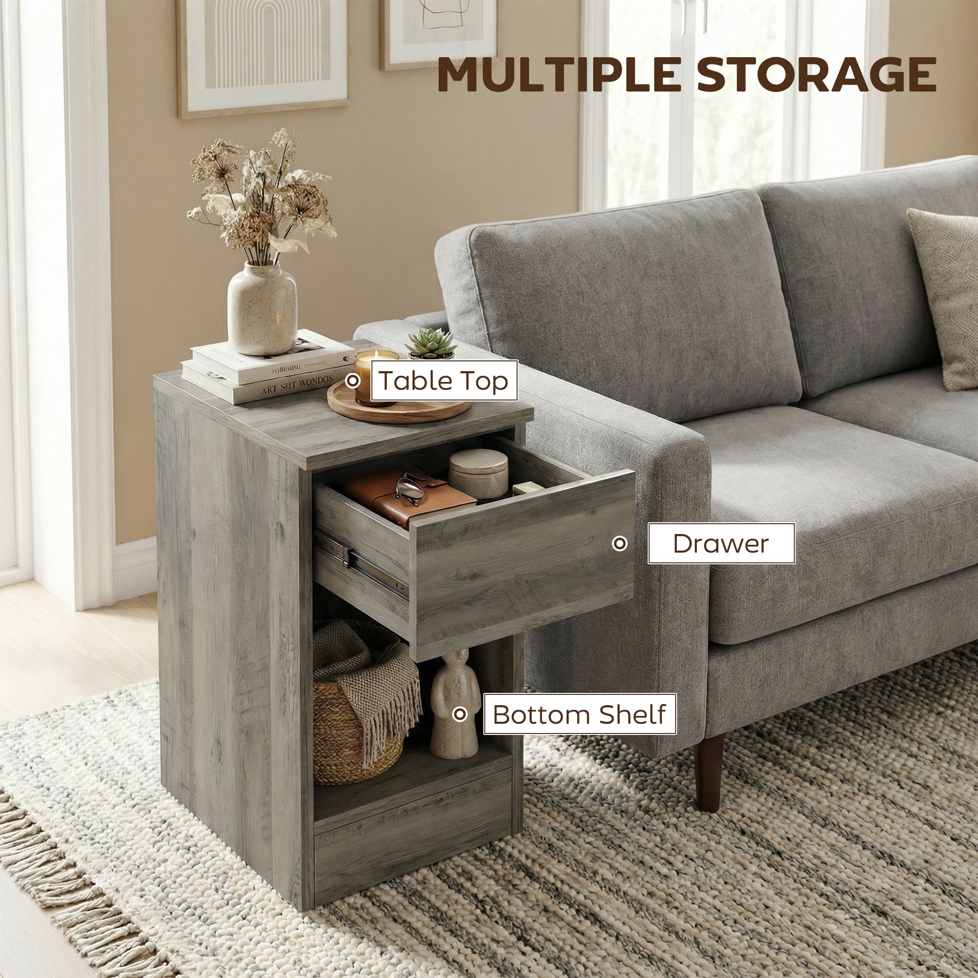 Bedside Tables Set of 2, Modern Side Tables with Drawer and Shelf, Nightstands for Bedroom, Living Room, Grey