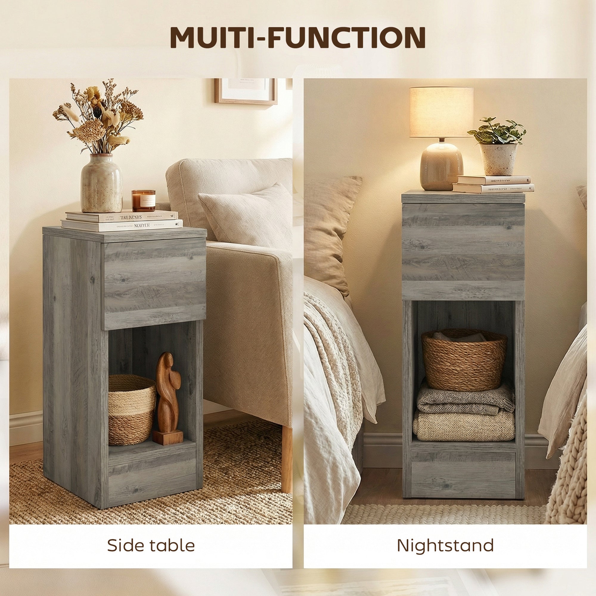 Bedside Tables Set of 2, Modern Side Tables with Drawer and Shelf, Nightstands for Bedroom, Living Room, Grey