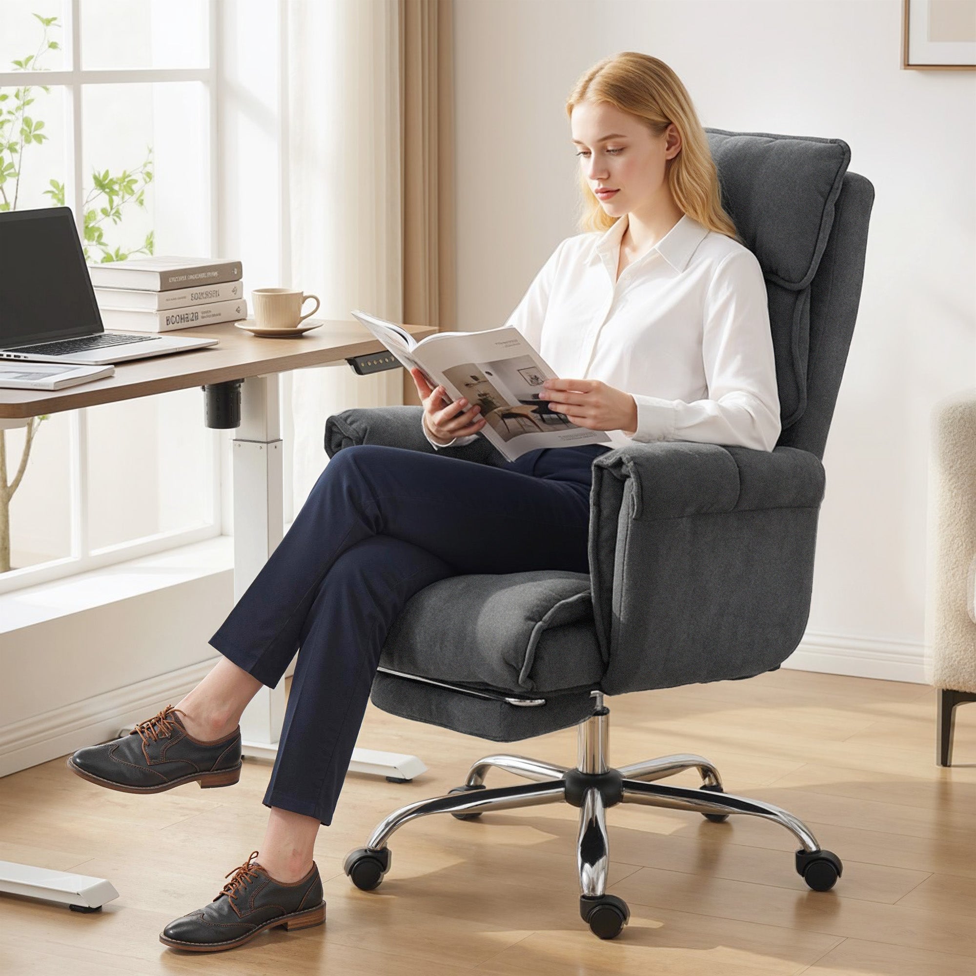 Executive Office Chair with Footrest, Reclining Swivel Computer Desk Chair with High Back, Double-layer Padding, Headrest, Adjustable Height, Rolling Wheels, Dark Grey