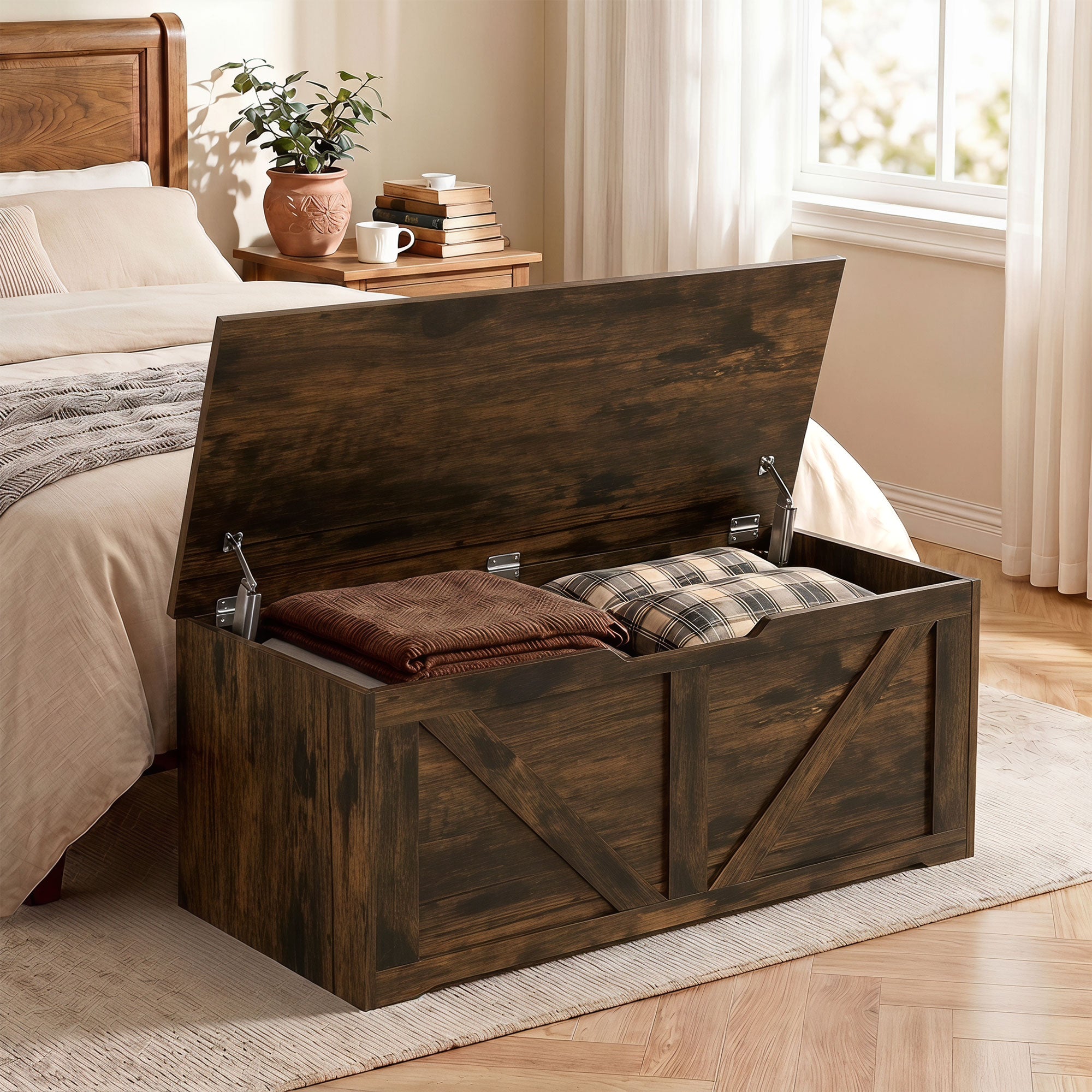 127L Storage Chest, Shoe Storage Trunk Bench Box with 2 Safety Hinges and U-shaped Cut-out Pull, Blanket Box Ottoman for Bedroom, Living Room, Entryway, 100 x 40 x 45 cm, Rustic Brown