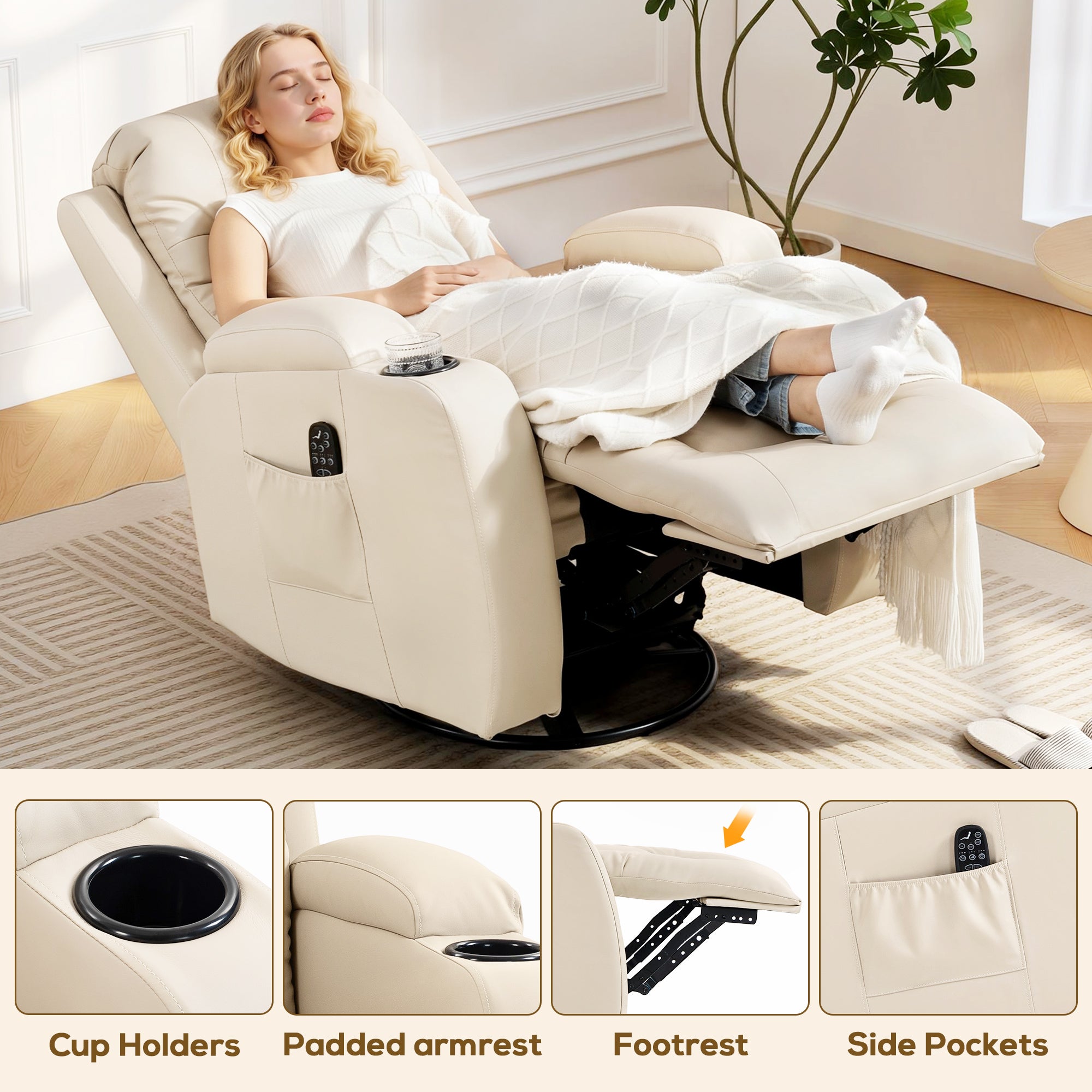 Recliner Armchair with Massage & Heat, PU Leather Recliner Chair with Extended Footrest, Cup Holders and Side Pockets, Swivel Rocking Manual Reclining Chair for Living Room, Cream