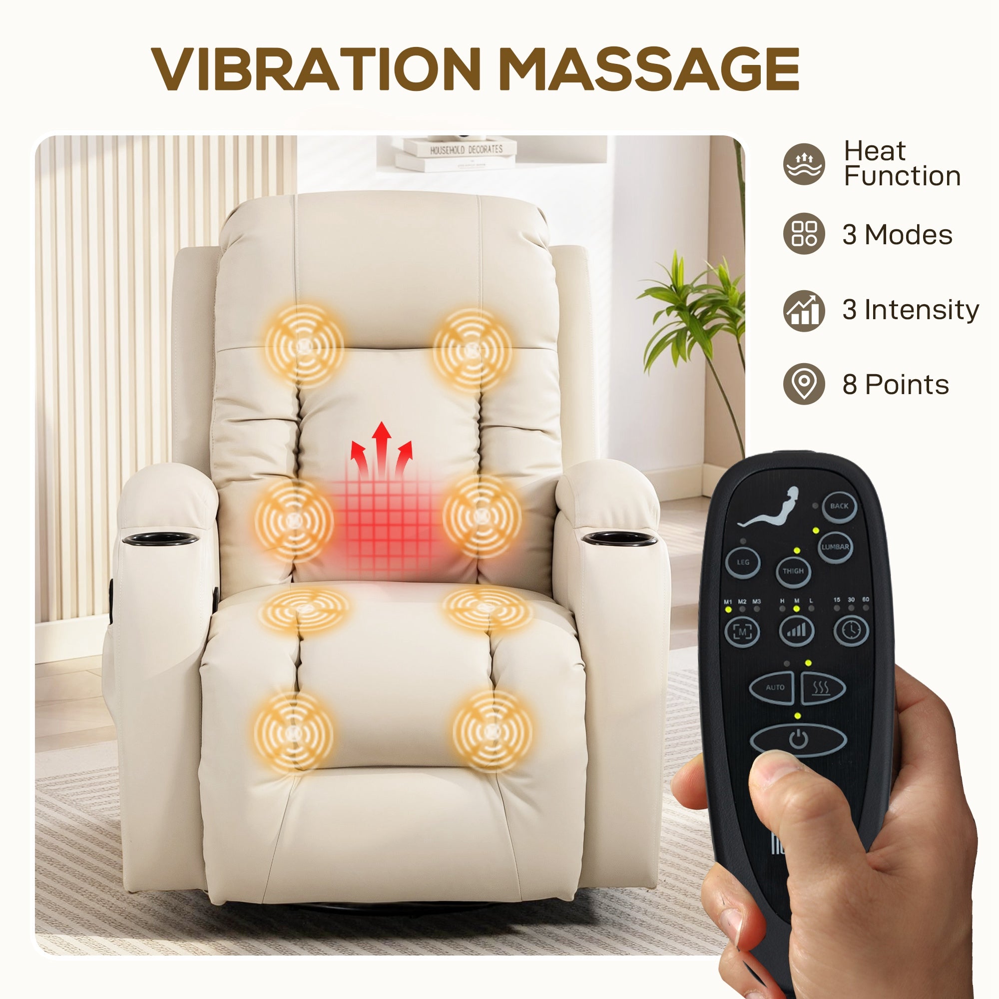 Recliner Armchair with Massage & Heat, PU Leather Recliner Chair with Extended Footrest, Cup Holders and Side Pockets, Swivel Rocking Manual Reclining Chair for Living Room, Cream