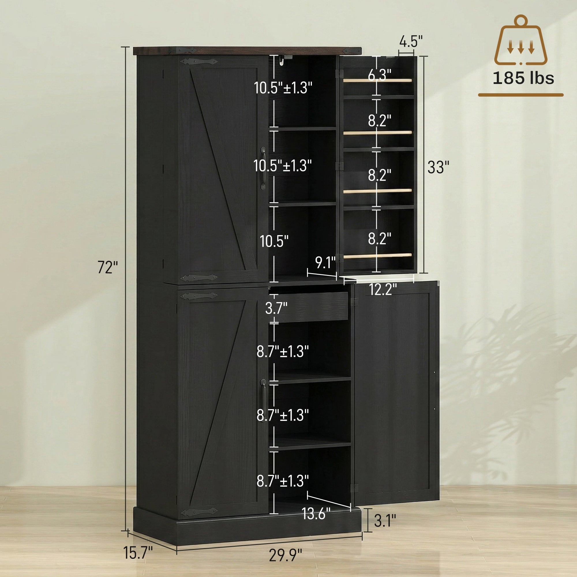 72" Tall Kitchen Pantry Cabinet, Farmhouse Storage Cabinet with 8 Door Racks and Drawer, Freestanding Food Pantry with Adjustable Shelves and Barn Doors, Black