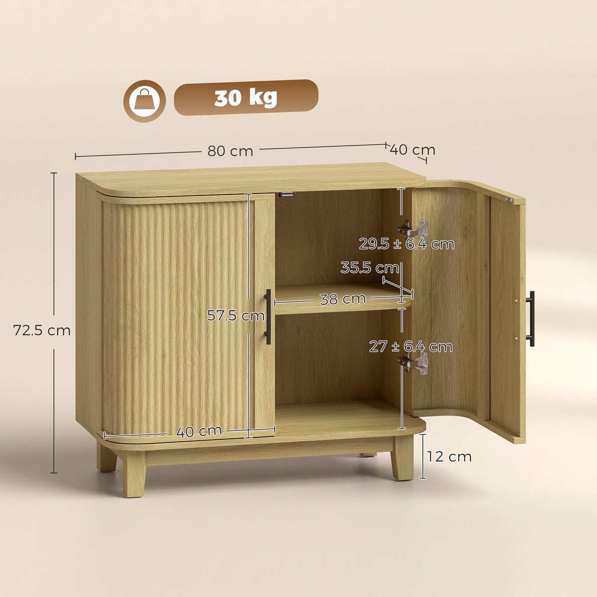 80cm Sideboard Buffet Cabinet, Modern Storage Cabinet with 2 Curved Doors, Adjustable Shelf and Legs for Dining Room, Hallway, Oak