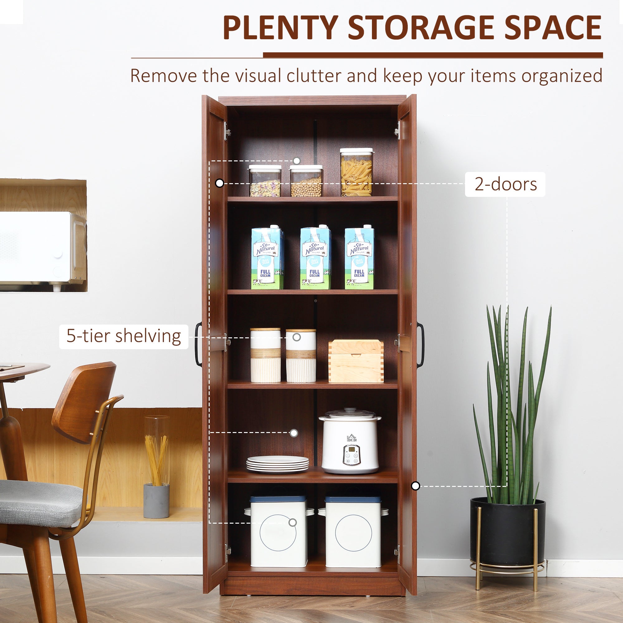 63" 2-Door Kitchen Pantry, Freestanding Storage Cabinet with 5-tier Shelving and 2 Adjustable Shelves for Dining Room, Brown