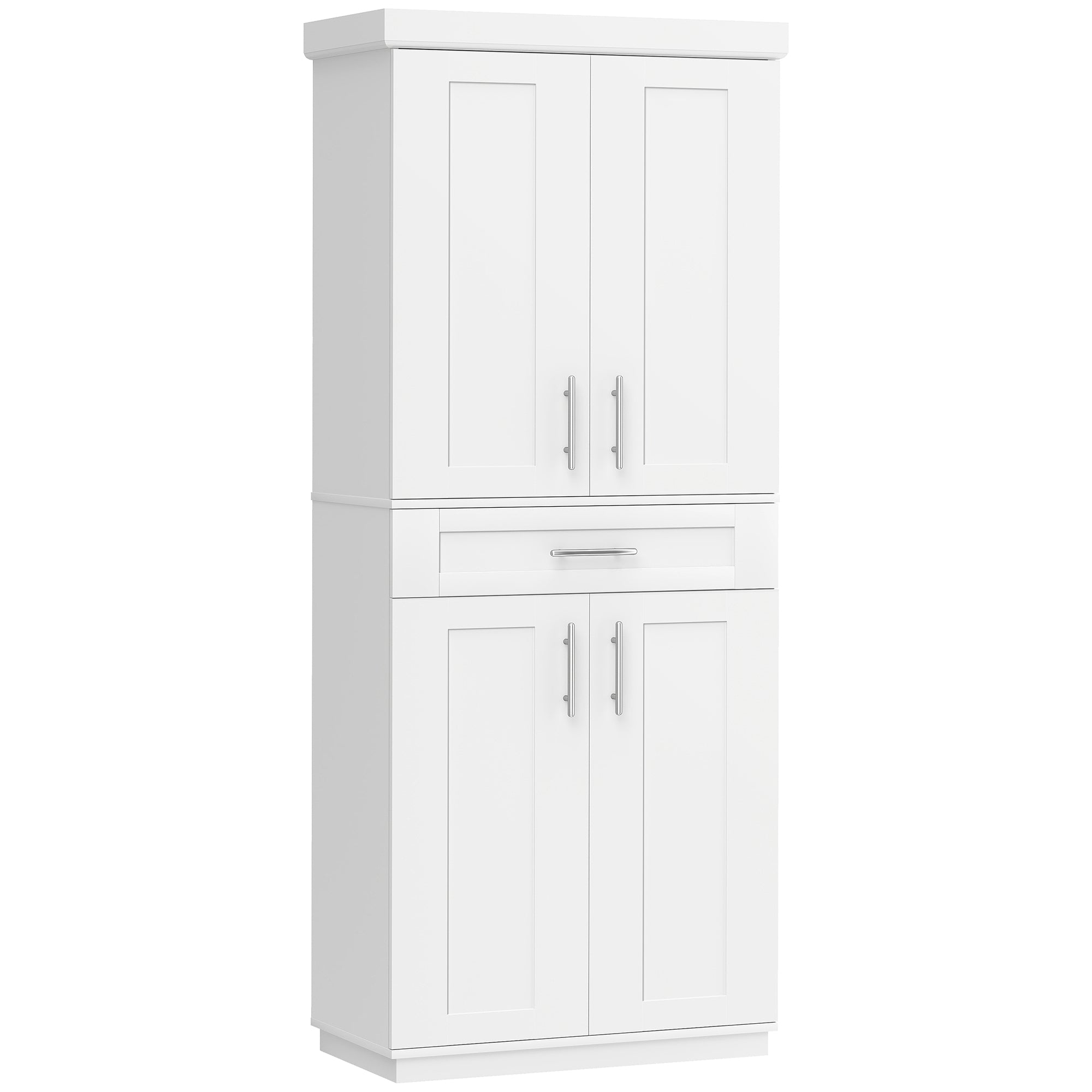 72" Kitchen Pantry Cabinet, Freestanding Tall Storage Cabinet with 4 Doors, Drawer and 3 Adjustable Shelves for Dining Room, White