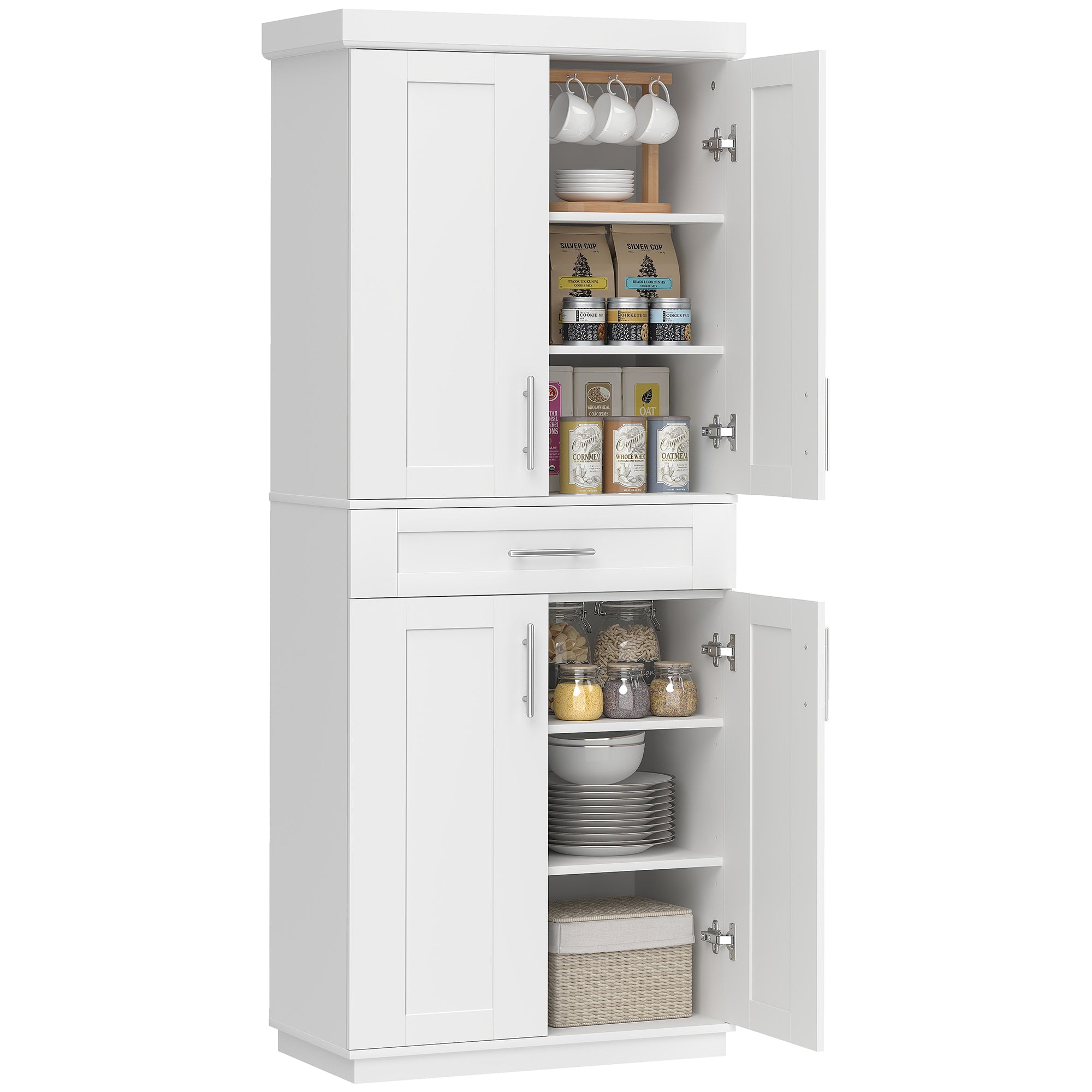 72" Kitchen Pantry Cabinet, Freestanding Tall Storage Cabinet with 4 Doors, Drawer and 3 Adjustable Shelves for Dining Room, White