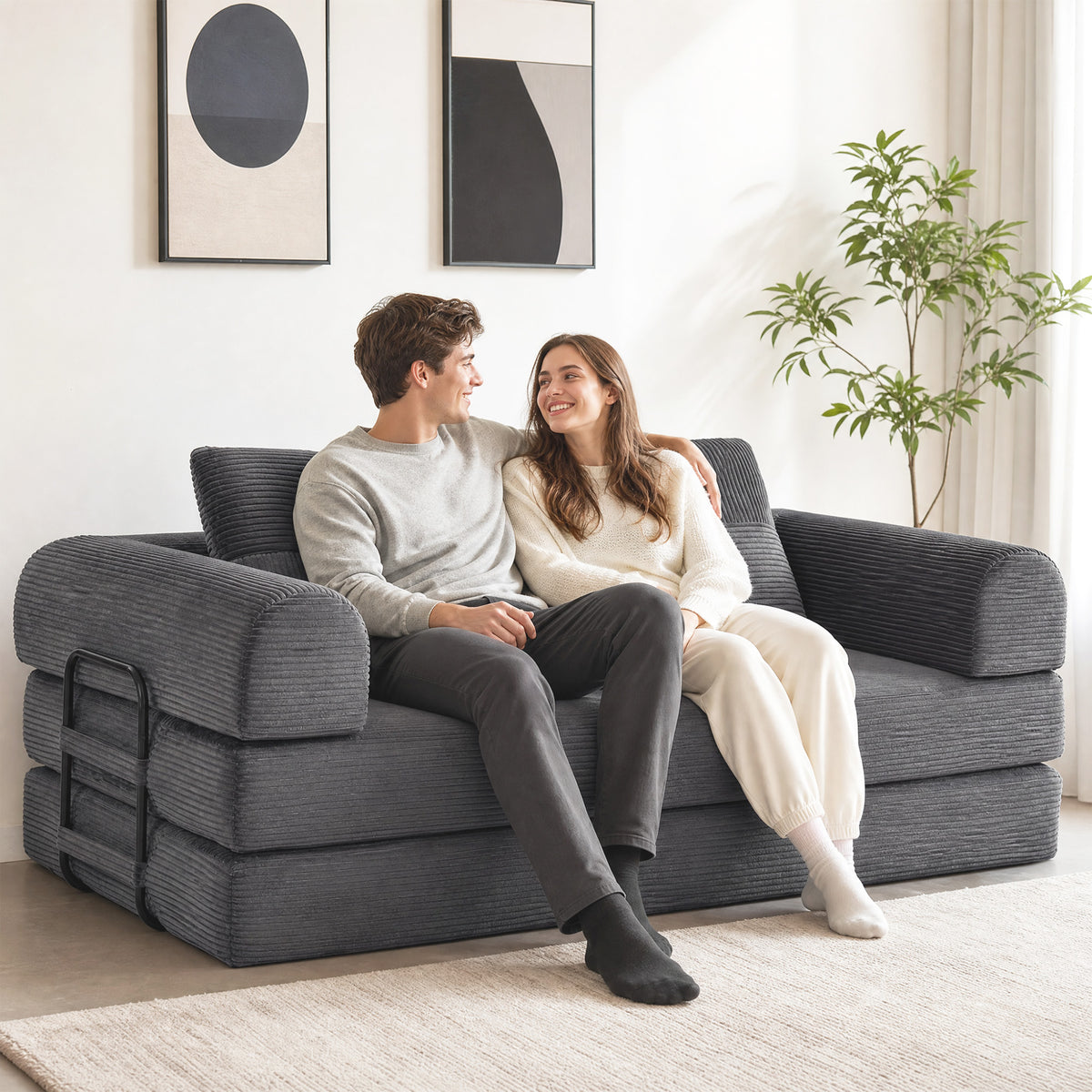5-in-1 Convertible Sofa Bed, 78.7" Folding Boneless Futon Couch with Fixed-Shape Frame & 2 Pillows, Floor Sofa Loveseat Sleeper for Living Room, Bedroom, Dark Grey