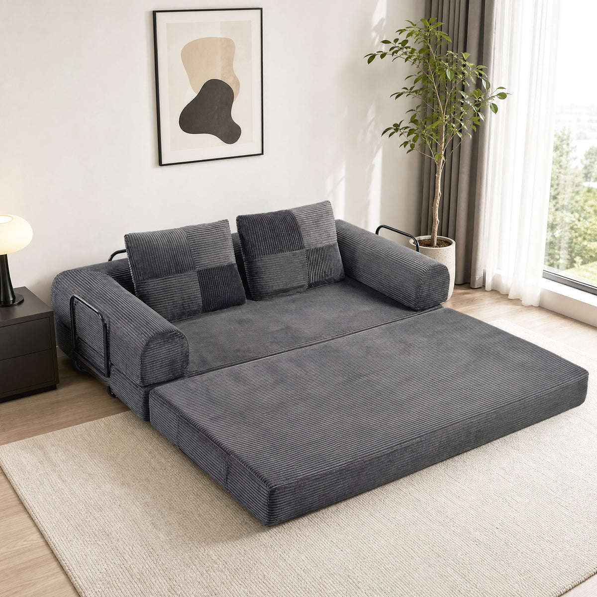 5-in-1 Convertible Sofa Bed, 78.7" Folding Boneless Futon Couch with Fixed-Shape Frame & 2 Pillows, Floor Sofa Loveseat Sleeper for Living Room, Bedroom, Dark Grey