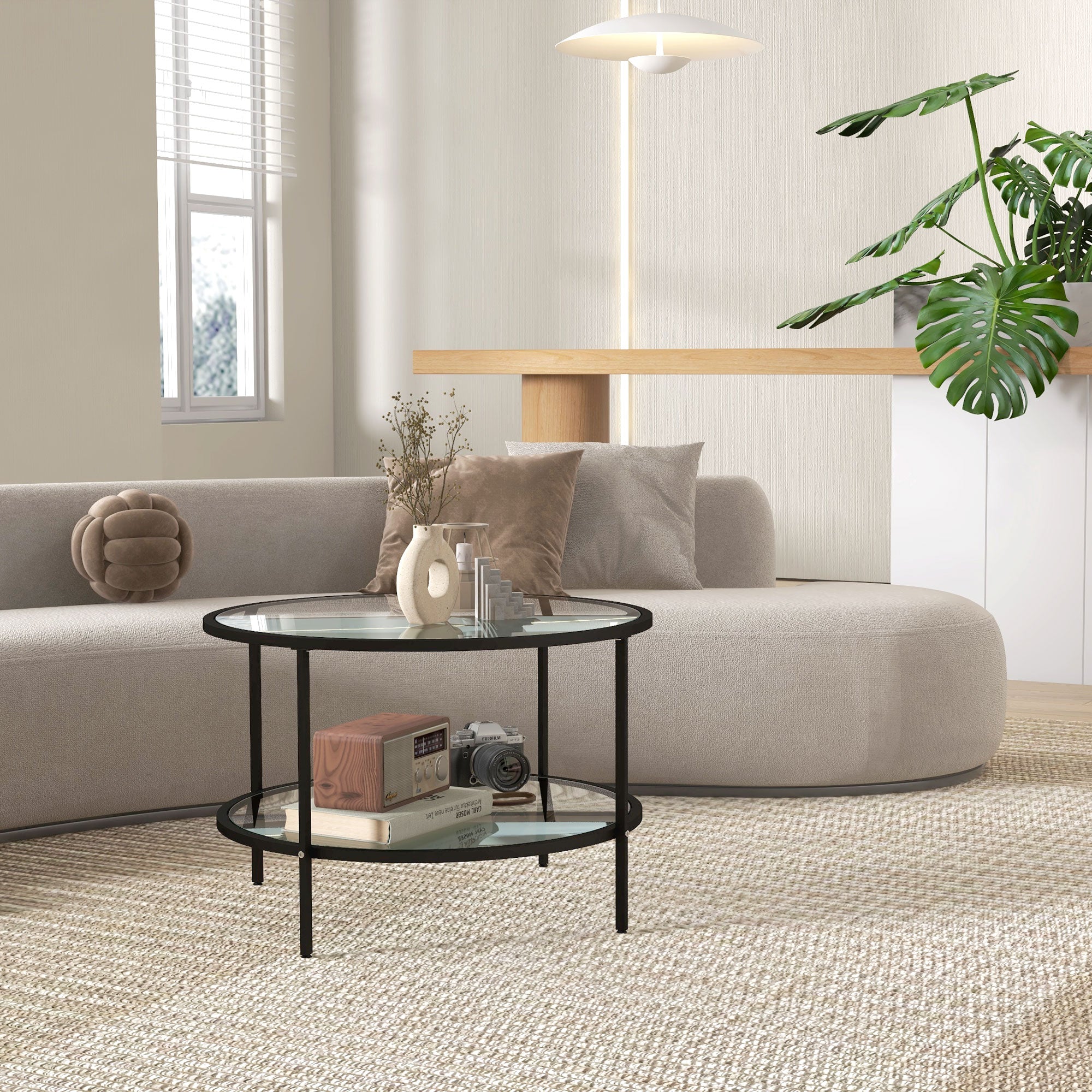 2-Tier Round Side Table, Sofa End Table for Living Room, Small Accent Table with Tempered Glass Top and Steel Frame