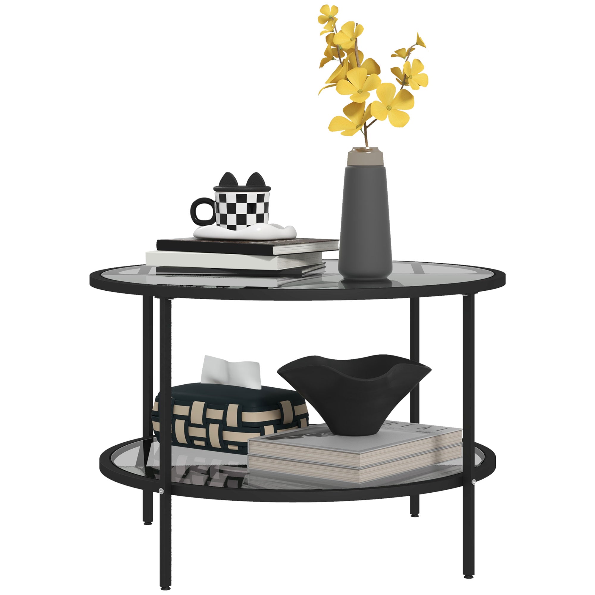 26" Round End Table w/ Storage, 2-Tier Tempered Glass Coffee Table w/ Steel Frame, Black