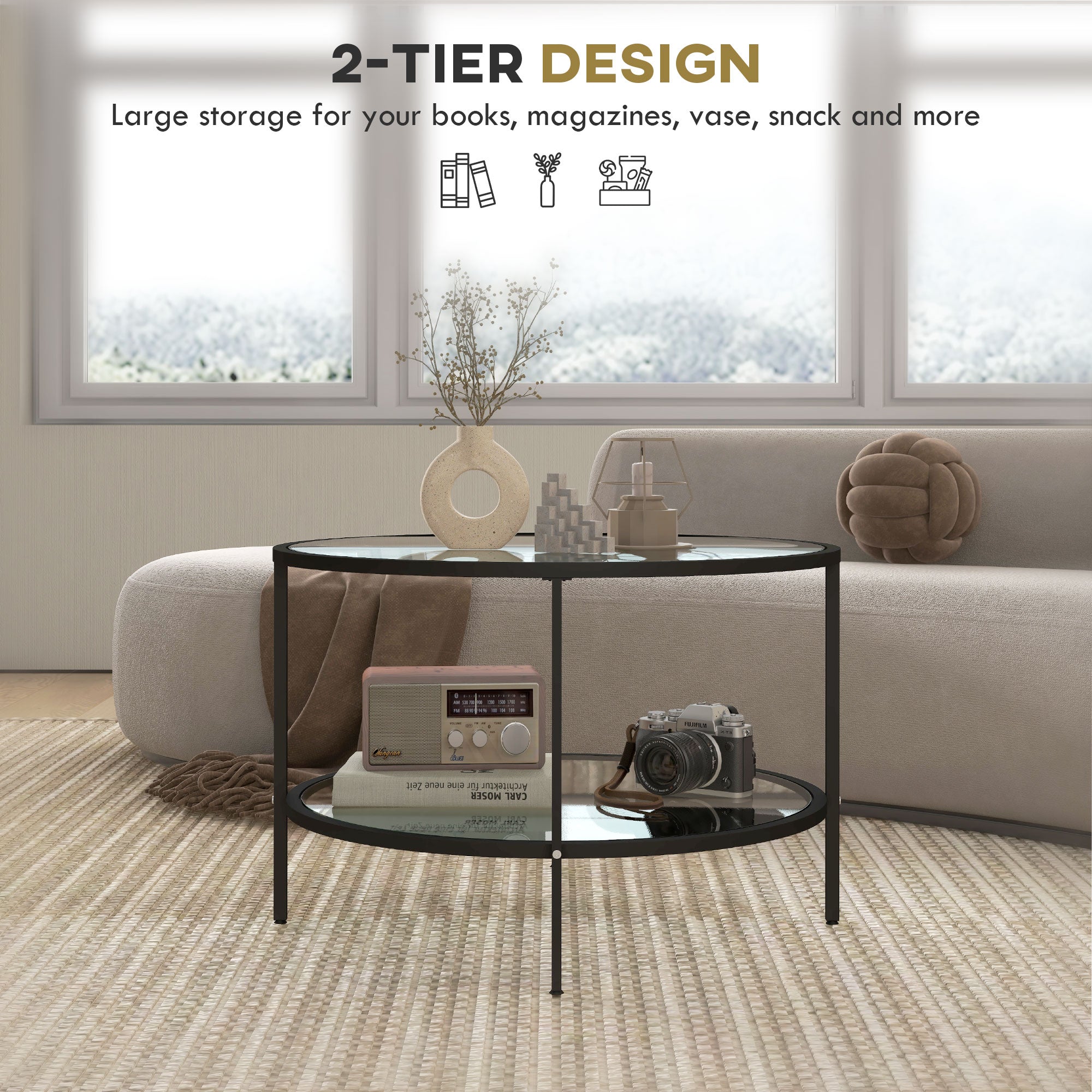 2-Tier Round Side Table, Sofa End Table for Living Room, Small Accent Table with Tempered Glass Top and Steel Frame