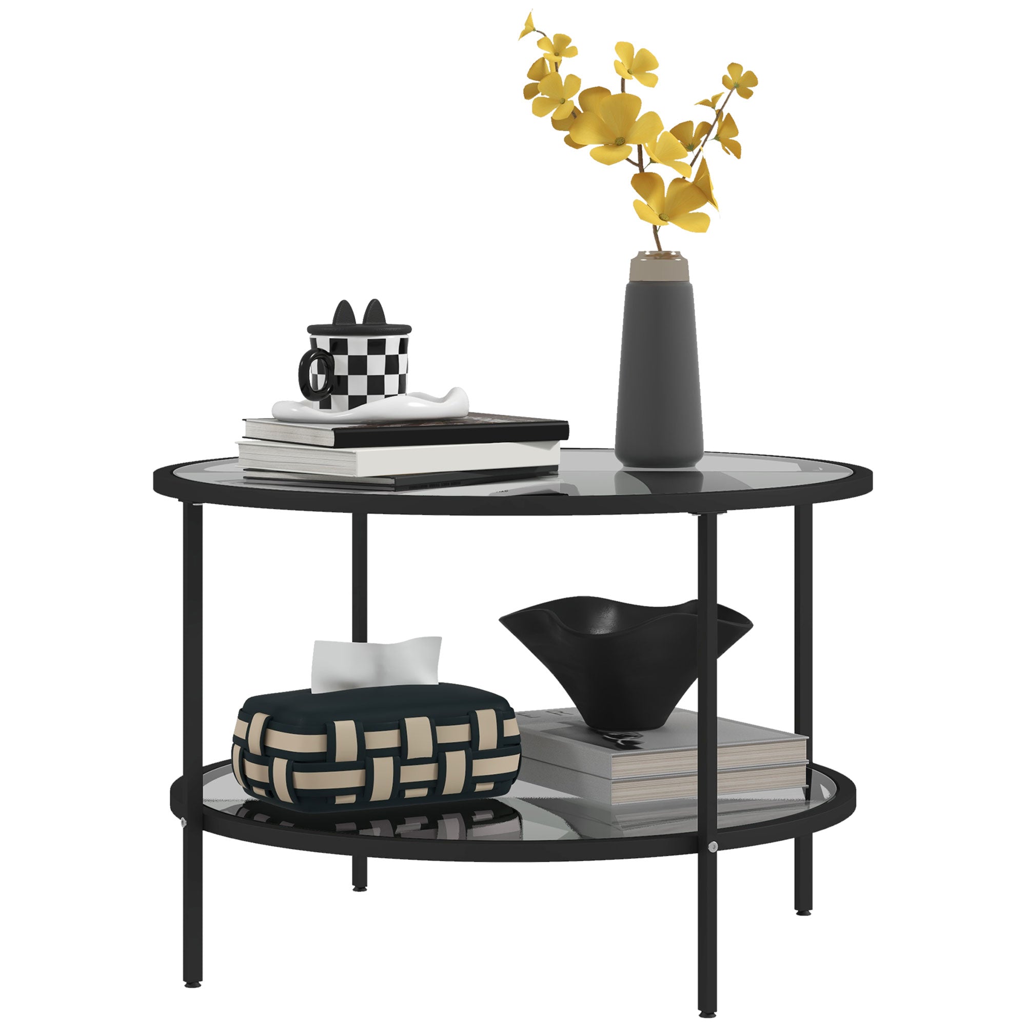 26" Round End Table w/ Storage, 2-Tier Tempered Glass Coffee Table w/ Steel Frame, Black