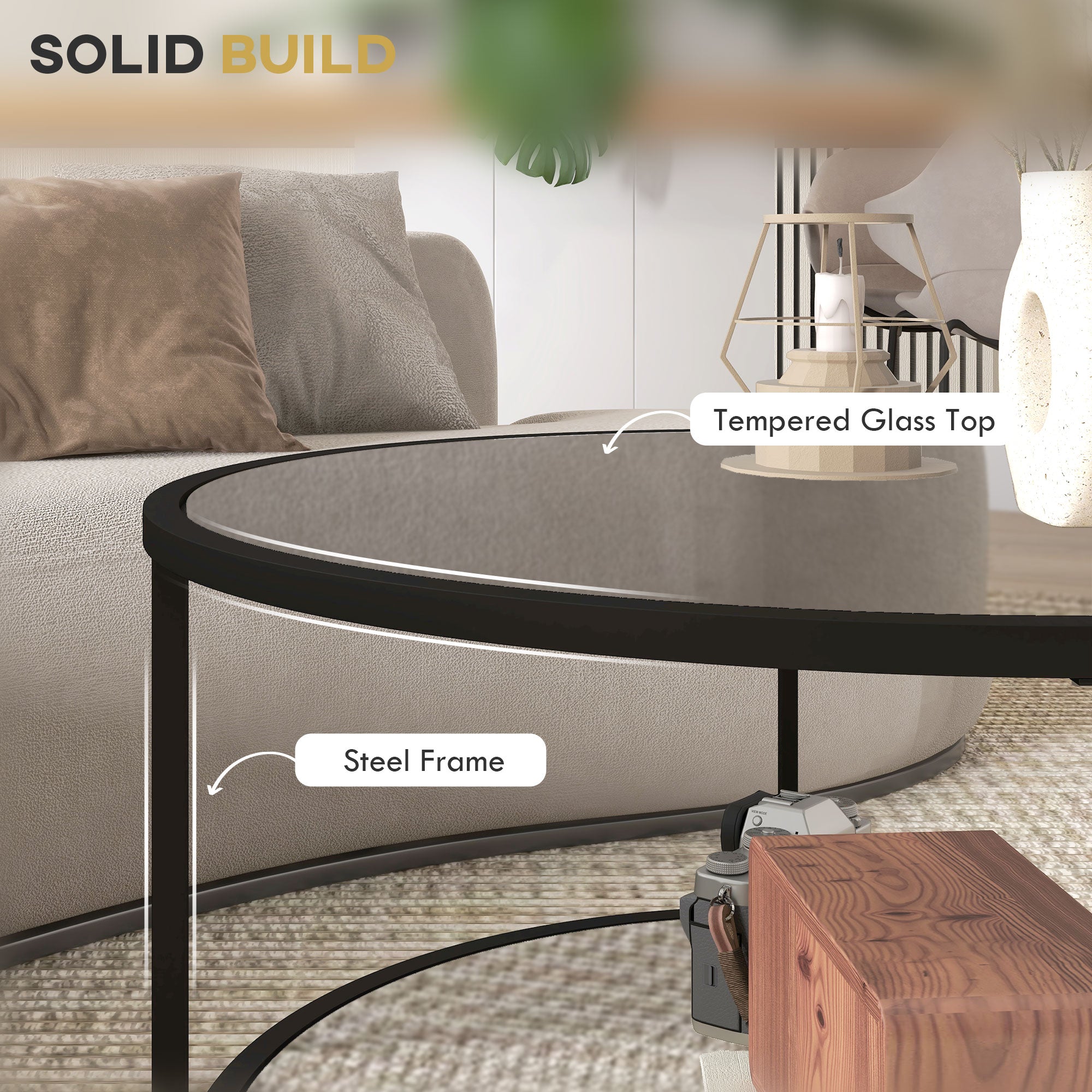 2-Tier Round Side Table, Sofa End Table for Living Room, Small Accent Table with Tempered Glass Top and Steel Frame