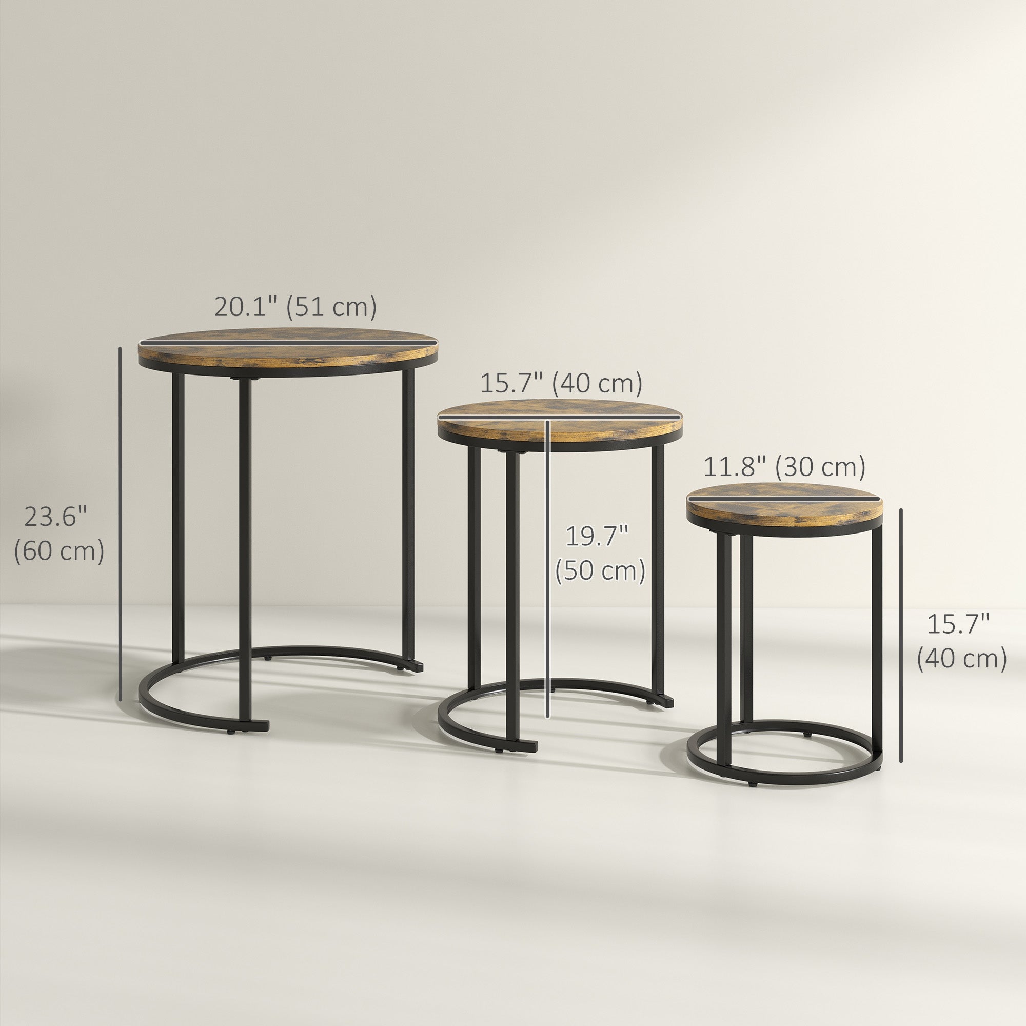 HOMCOM Nesting Tables Set of 3, Round Coffee Table, Modern Stacking Side Tables with Wood Grain Steel Frame for Living Room, Rustic Brown
