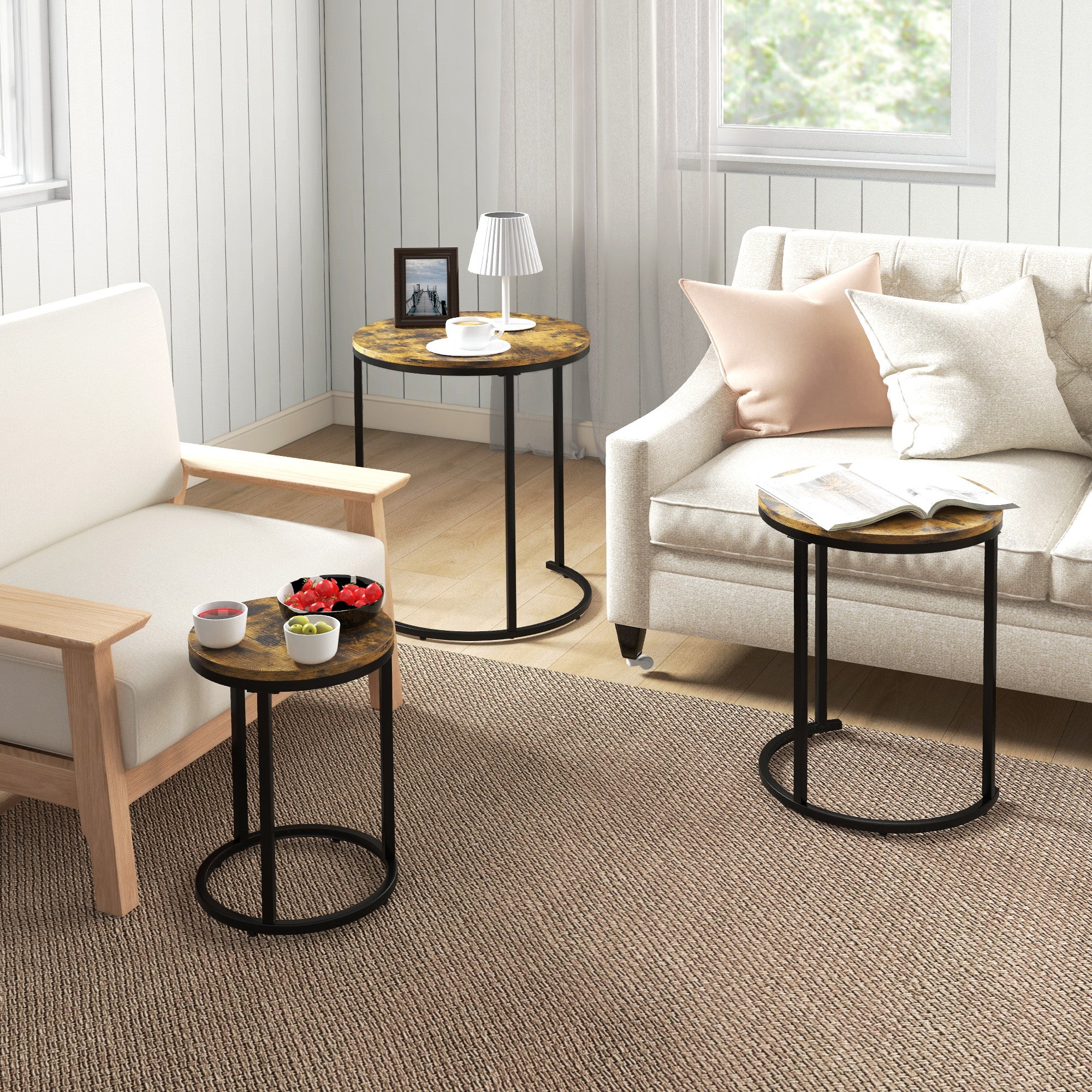 HOMCOM Nesting Tables Set of 3, Round Coffee Table, Modern Stacking Side Tables with Wood Grain Steel Frame for Living Room, Rustic Brown