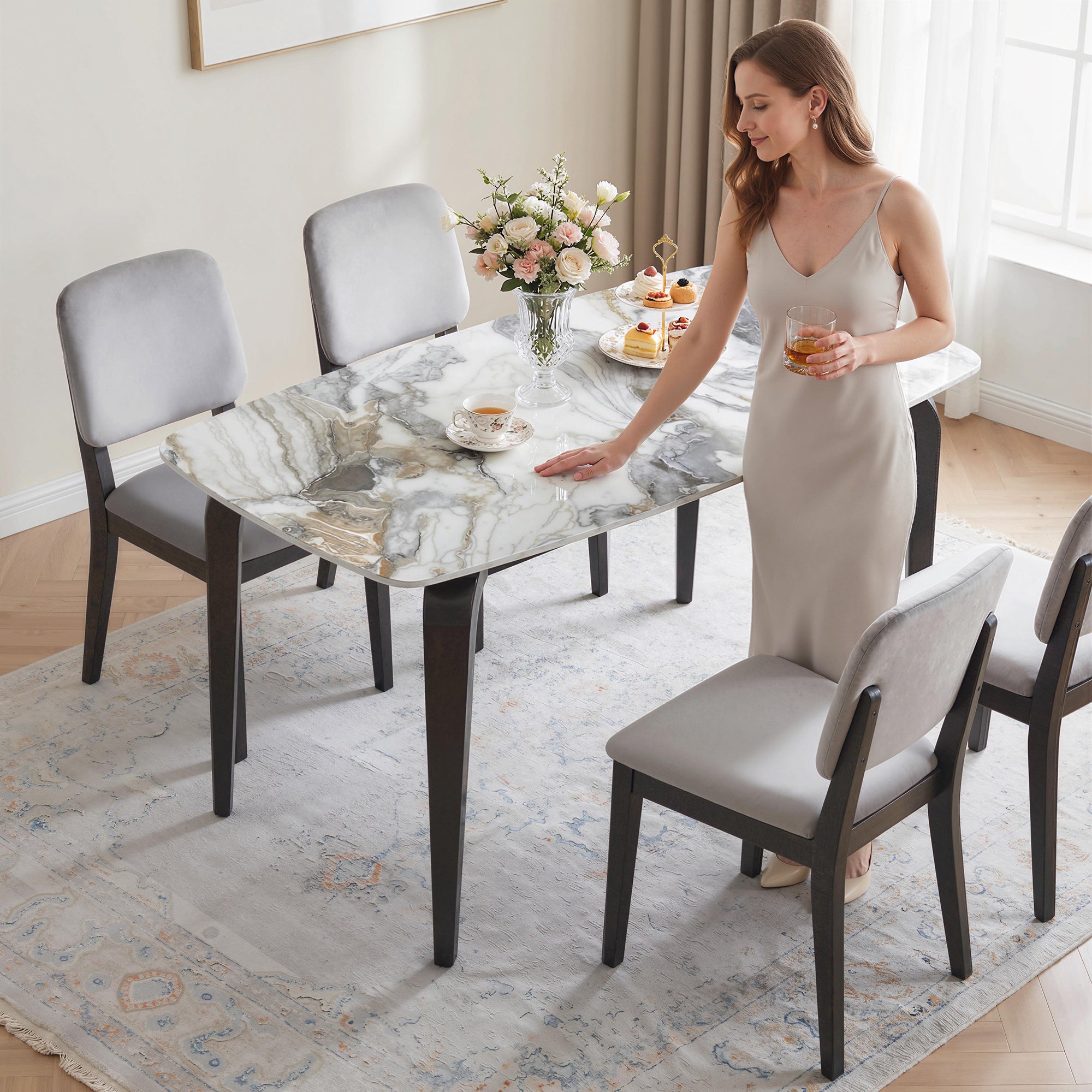 Dining Table for 4, 130W x 70D x 75H cm, Modern Kitchen Table with Sintered Stone Tabletop, Metal Legs for Dining Room, Kitchen, Living Room, White
