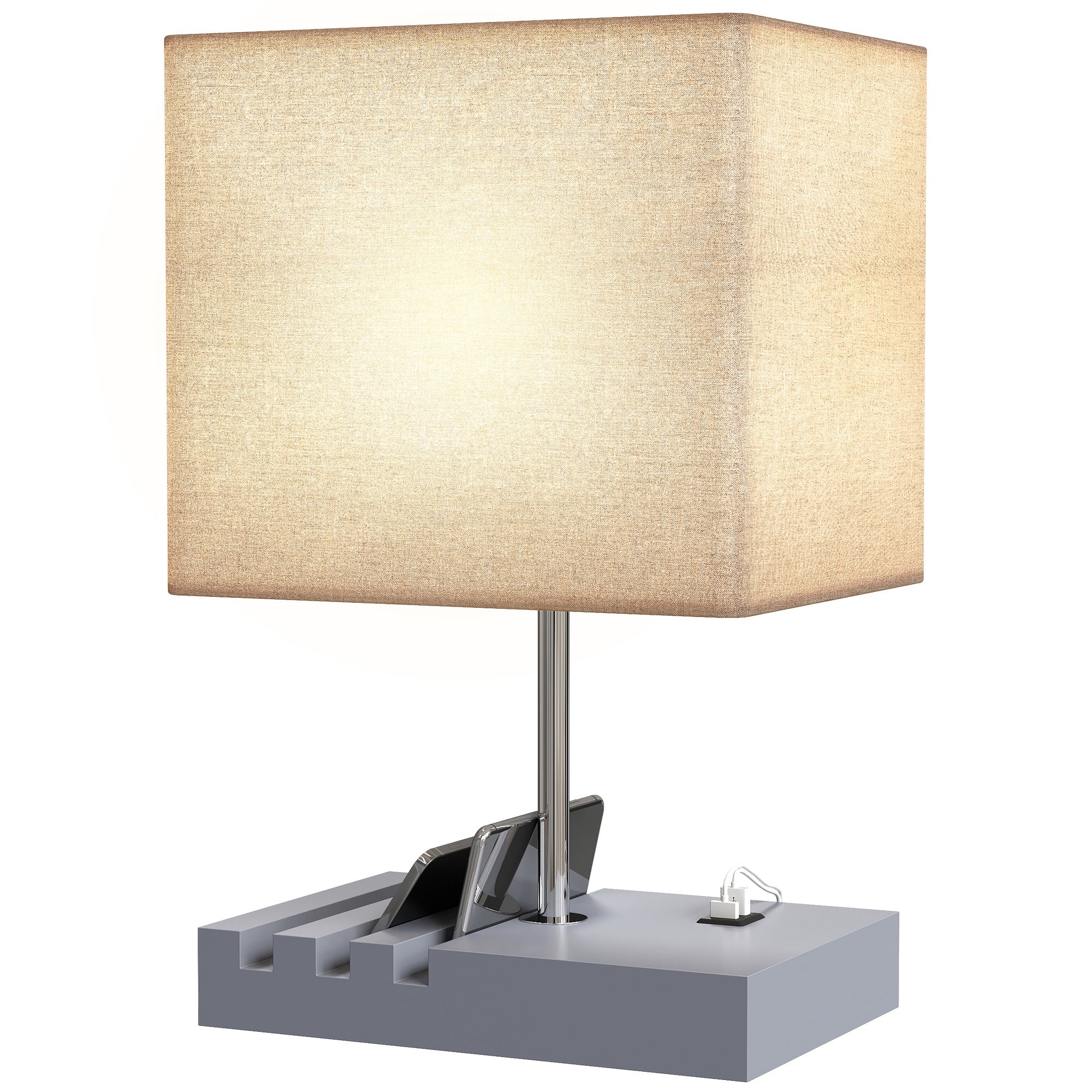 Bedside Lamp with USB A+C Charging Ports and 3 Phone Stands, Modern Table Lamp with Solid Wood Base and Fabric Shade for Bedroom Living Room Office, E27 Socket, Bulb Not Included, Grey