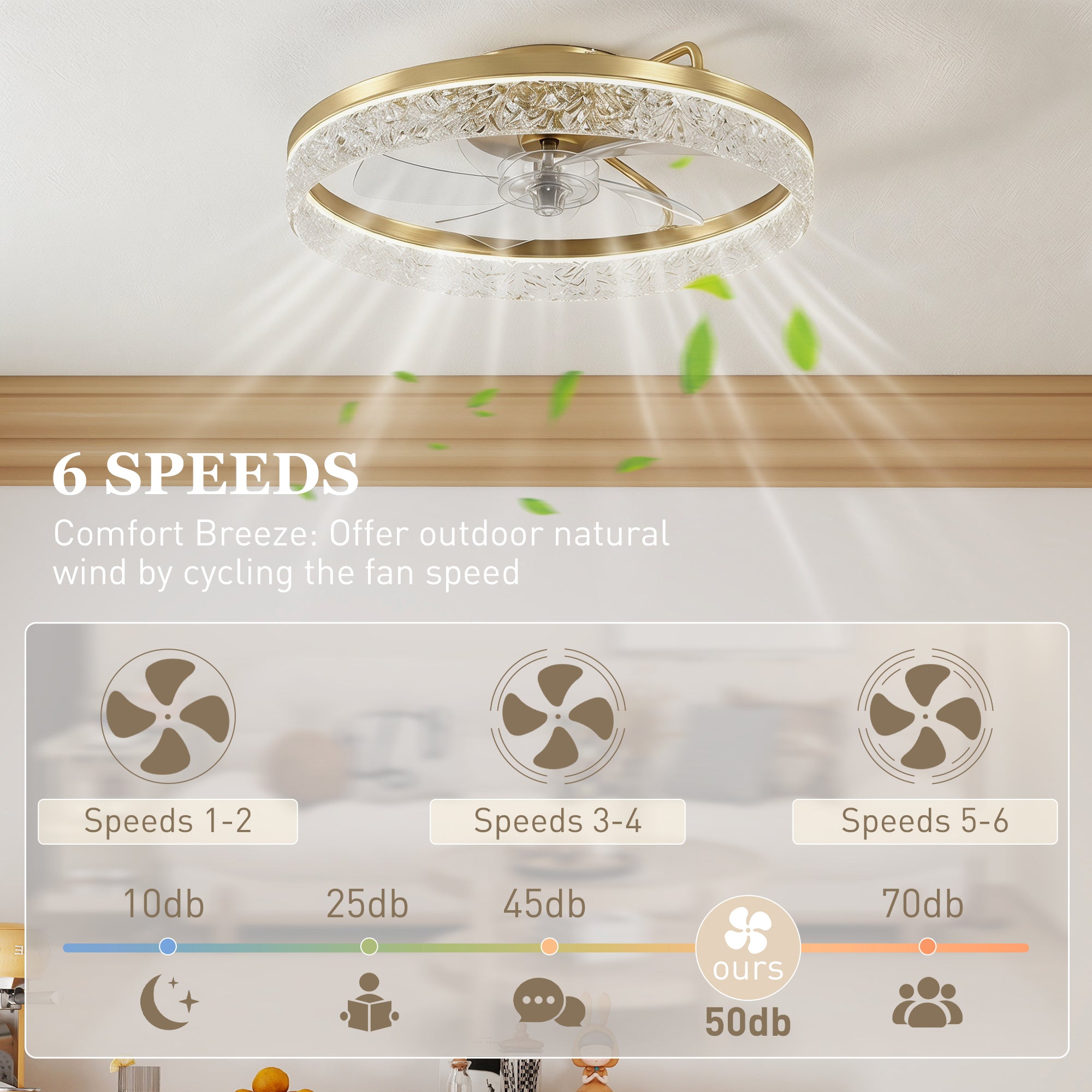 Ceiling Fans with Lights and Remote & App Control, 50 cm Modern LED Ceiling Fan Light with 3 Colour Temperatures, 6 Speed, Timer, Dimmable, Quiet Reversible DC Motor, for Bedroom, Study, Gold
