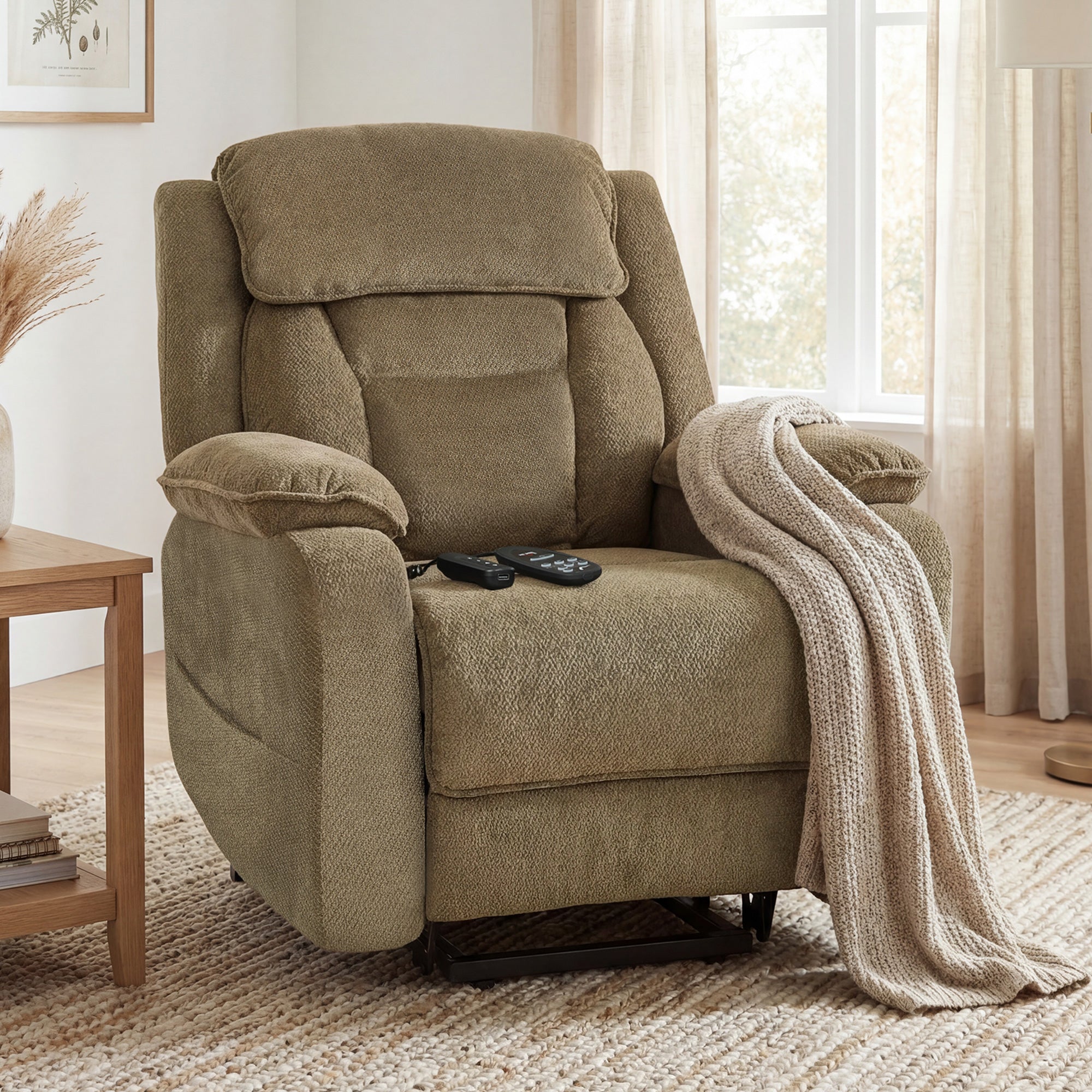 Power Lift Recliner Chair for Elderly with Massage, Electric Recliner with Side Pockets, Remote, 2 Memory Buttons, Footrest, Quiet Reclining Chair for Living Room, Brown