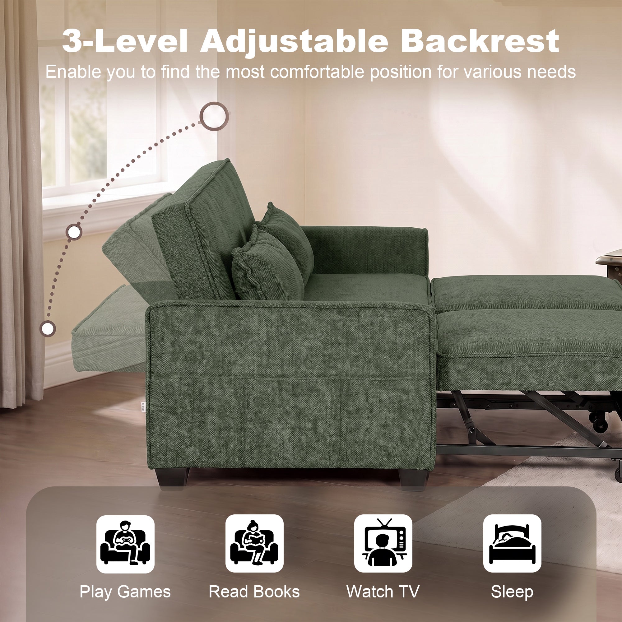 2 Seater Sofa Bed, 4-in-1 L Shaped Convertible Pull Out Sleeper Sofa with Adjustable Backrest, Chenille Loveseat with 2 Pillows, Wide Deep Seat, Side Pockets for Living Room, Dark Green