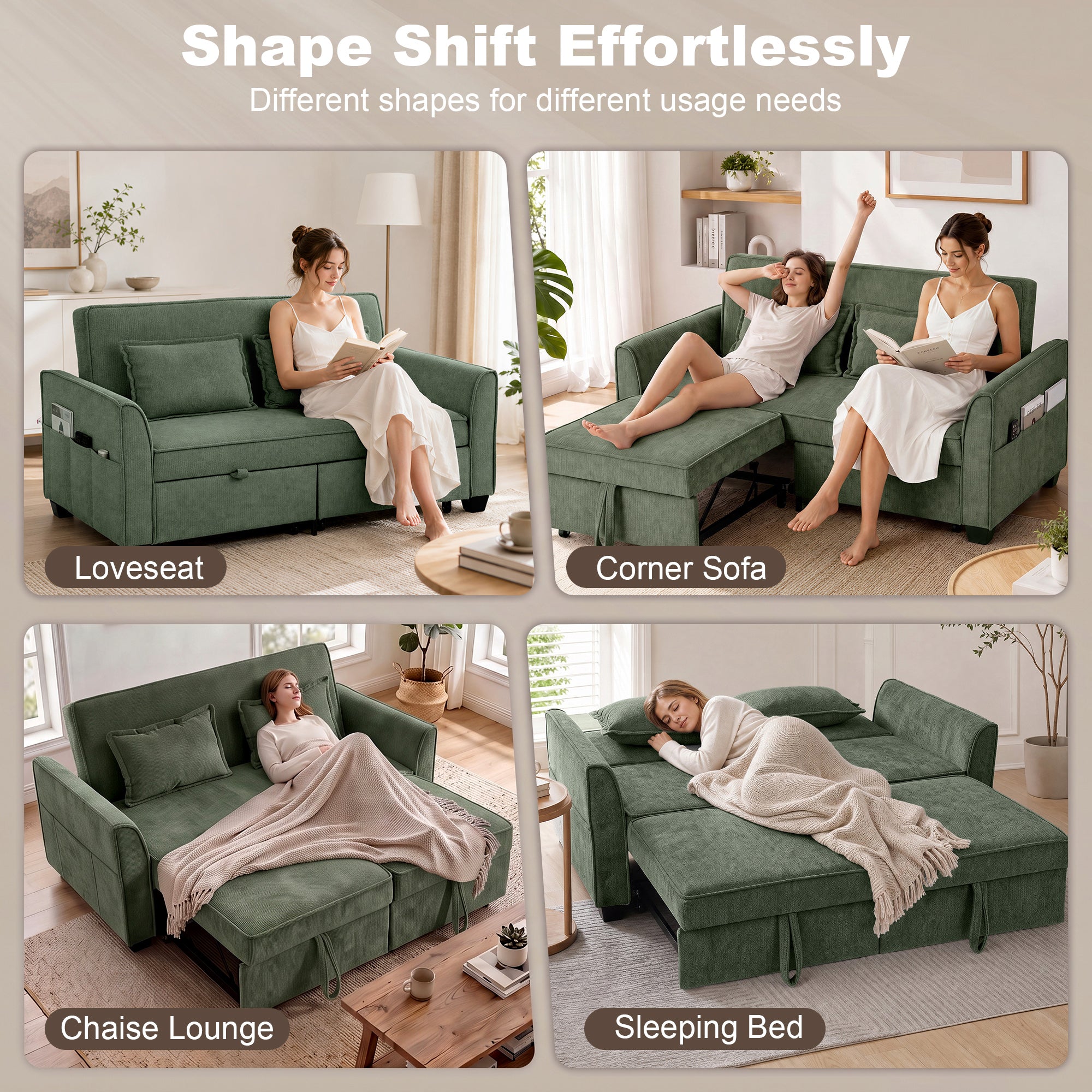 2 Seater Sofa Bed, 4-in-1 L Shaped Convertible Pull Out Sleeper Sofa with Adjustable Backrest, Chenille Loveseat with 2 Pillows, Wide Deep Seat, Side Pockets for Living Room, Dark Green