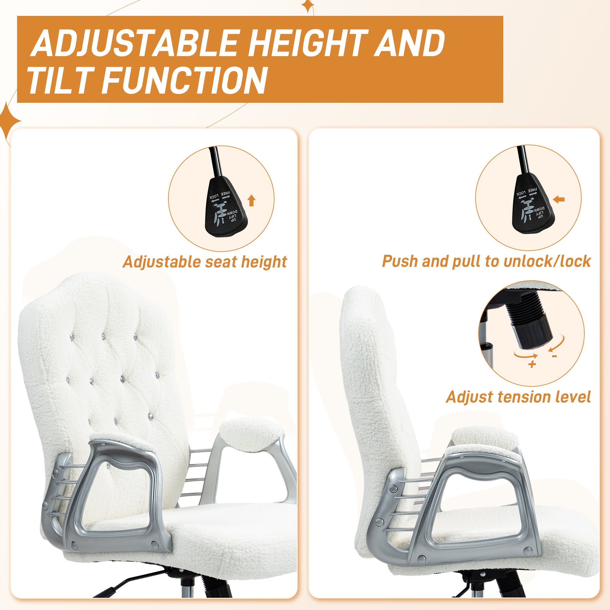 Vinsetto Office Chair, Teddy Fleece Computer Chair, Button Tufted Desk Chair with Swivel Wheels, Adjustable Height, Tilt Function, White