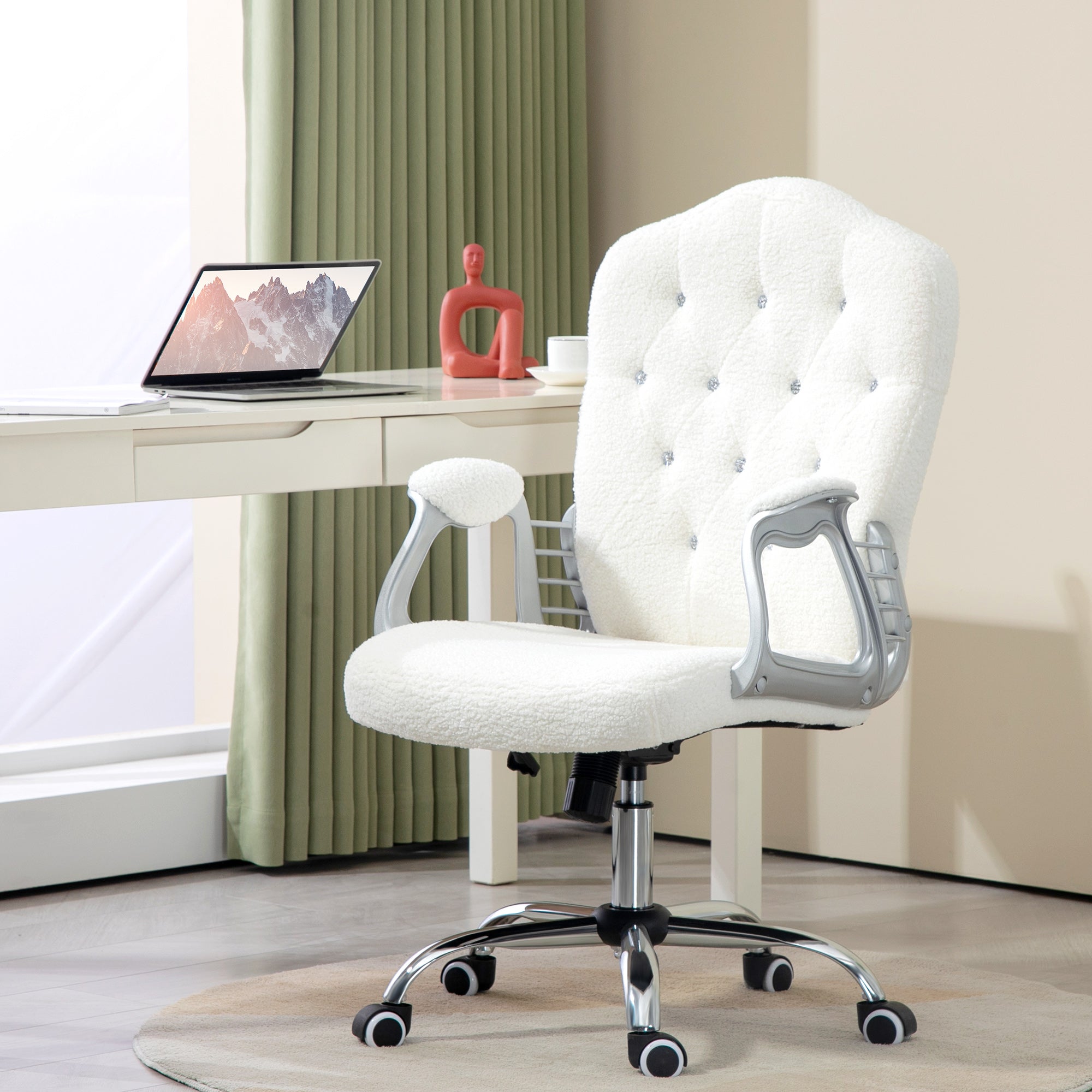 Vinsetto Office Chair, Teddy Fleece Computer Chair, Button Tufted Desk Chair with Swivel Wheels, Adjustable Height, Tilt Function, White