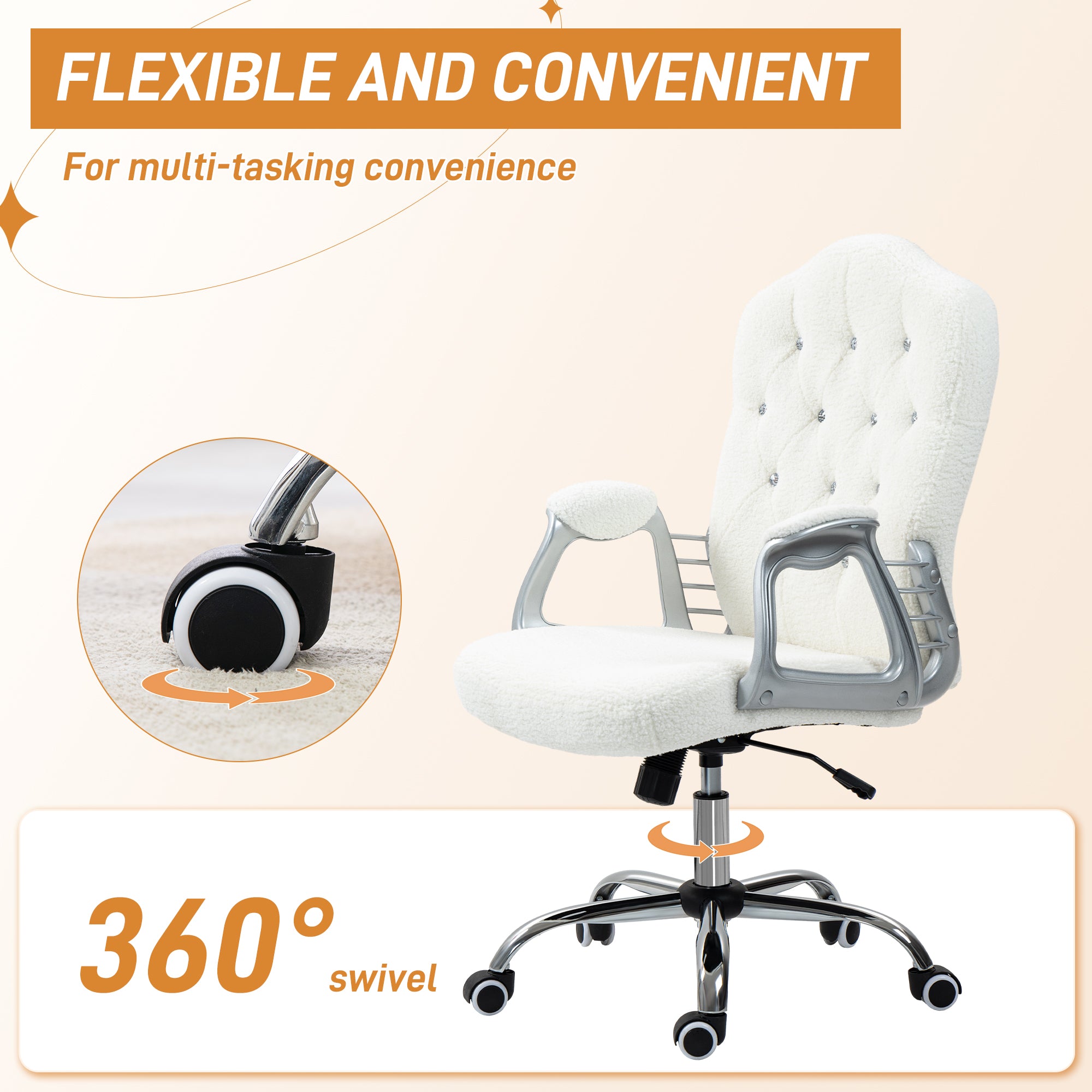 Vinsetto Office Chair, Teddy Fleece Computer Chair, Button Tufted Desk Chair with Swivel Wheels, Adjustable Height, Tilt Function, White