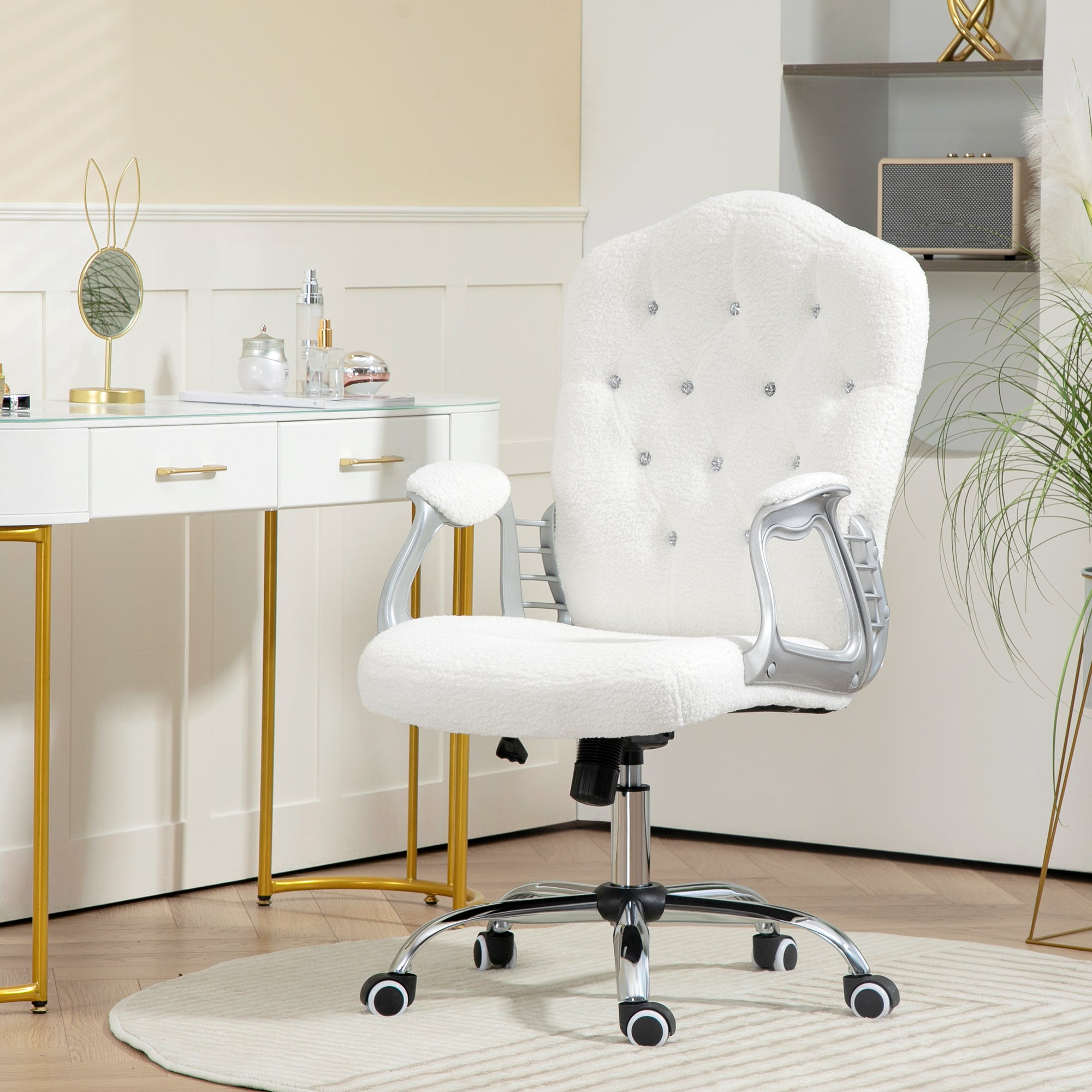 Vinsetto Office Chair, Teddy Fleece Computer Chair, Button Tufted Desk Chair with Swivel Wheels, Adjustable Height, Tilt Function, White