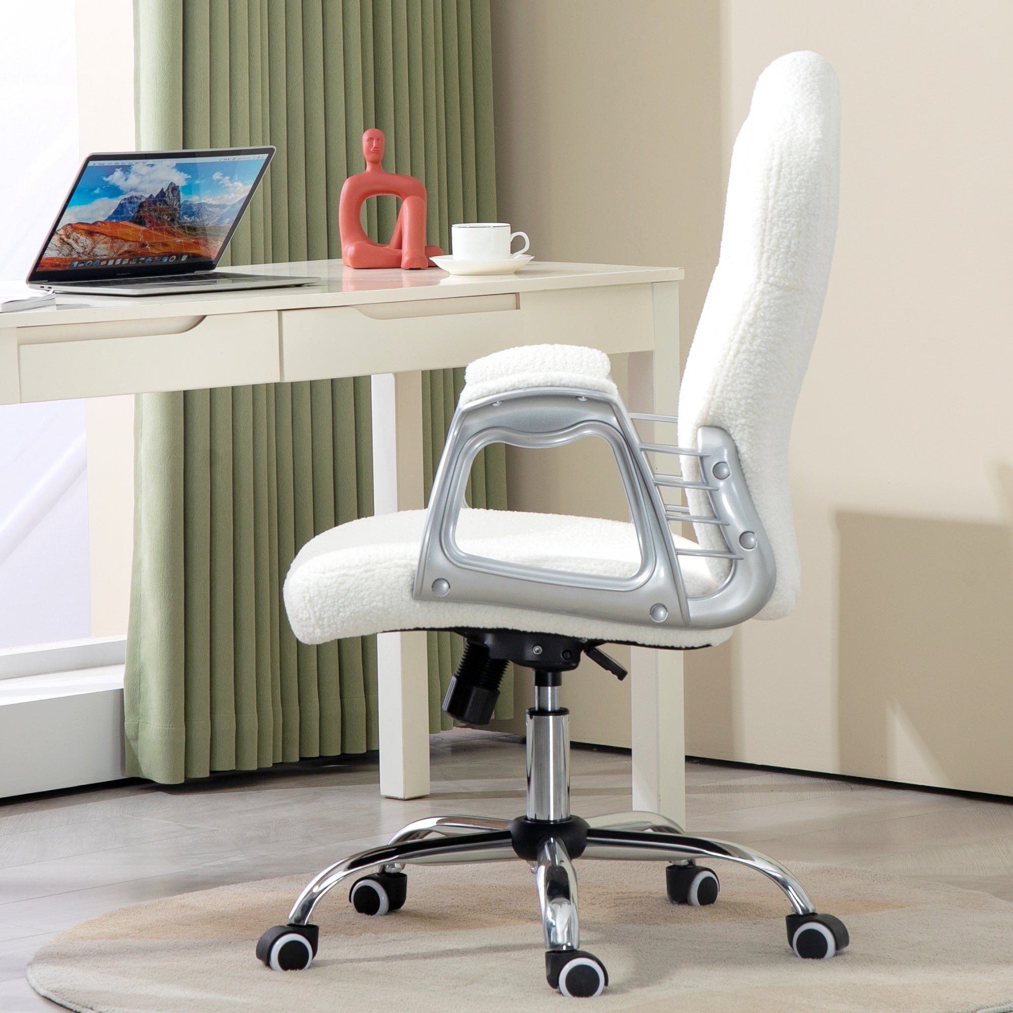 Vinsetto Office Chair, Teddy Fleece Computer Chair, Button Tufted Desk Chair with Swivel Wheels, Adjustable Height, Tilt Function, White