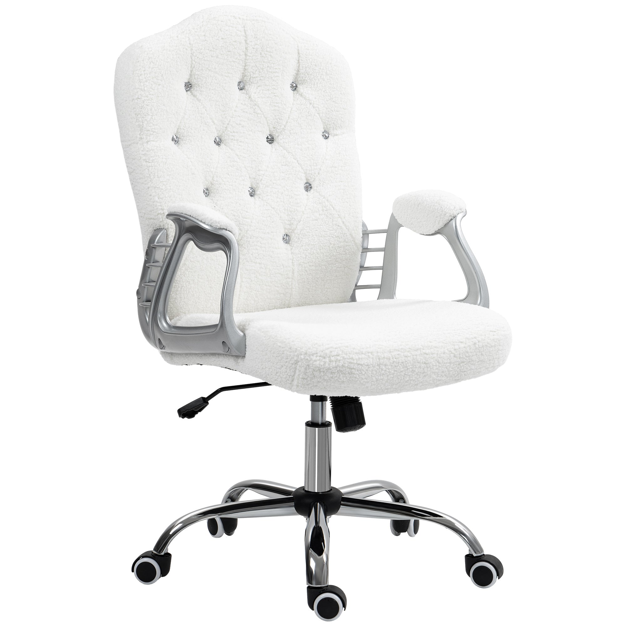 Vinsetto Office Chair, Teddy Fleece Computer Chair, Button Tufted Desk Chair with Swivel Wheels, Adjustable Height, Tilt Function, White