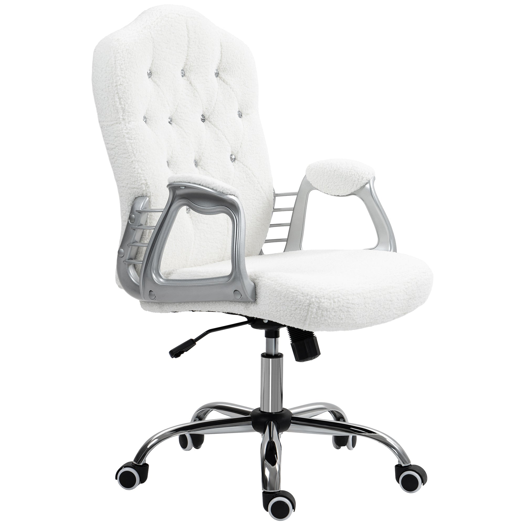 Vinsetto Office Chair, Teddy Fleece Computer Chair, Button Tufted Desk Chair with Swivel Wheels, Adjustable Height, Tilt Function, White