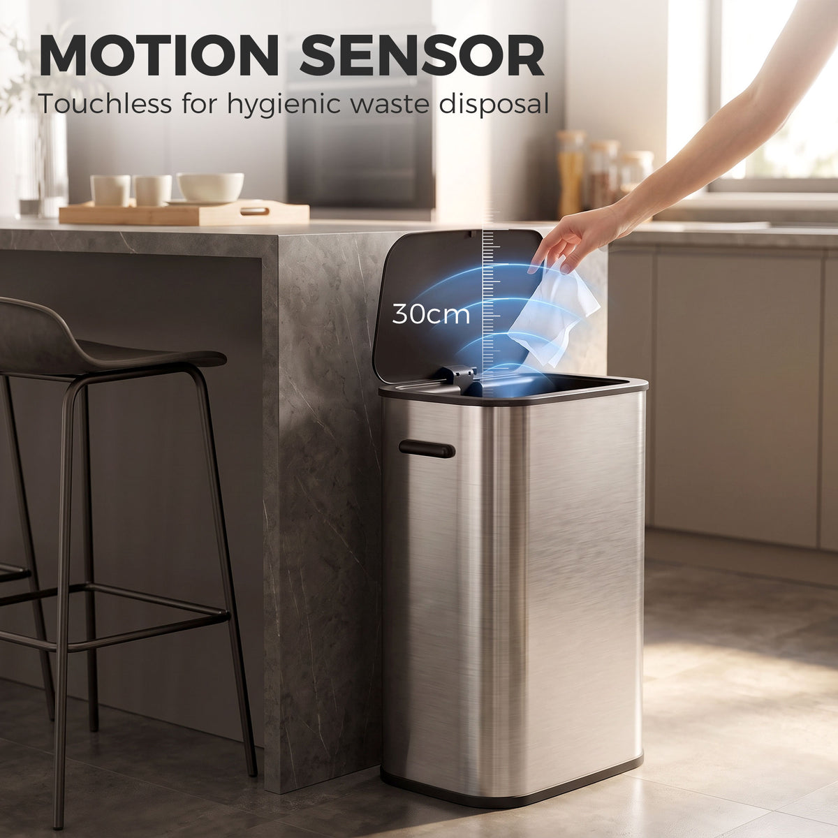55L Sensor Bin for Kitchen, Touchless Automatic Waste Rubbish Bin with Soft-Close Lid, Fingerprint-Resistant Stainless Steel, Retainer Ring, Battery Operated for Home Office, Study, Silver Tone