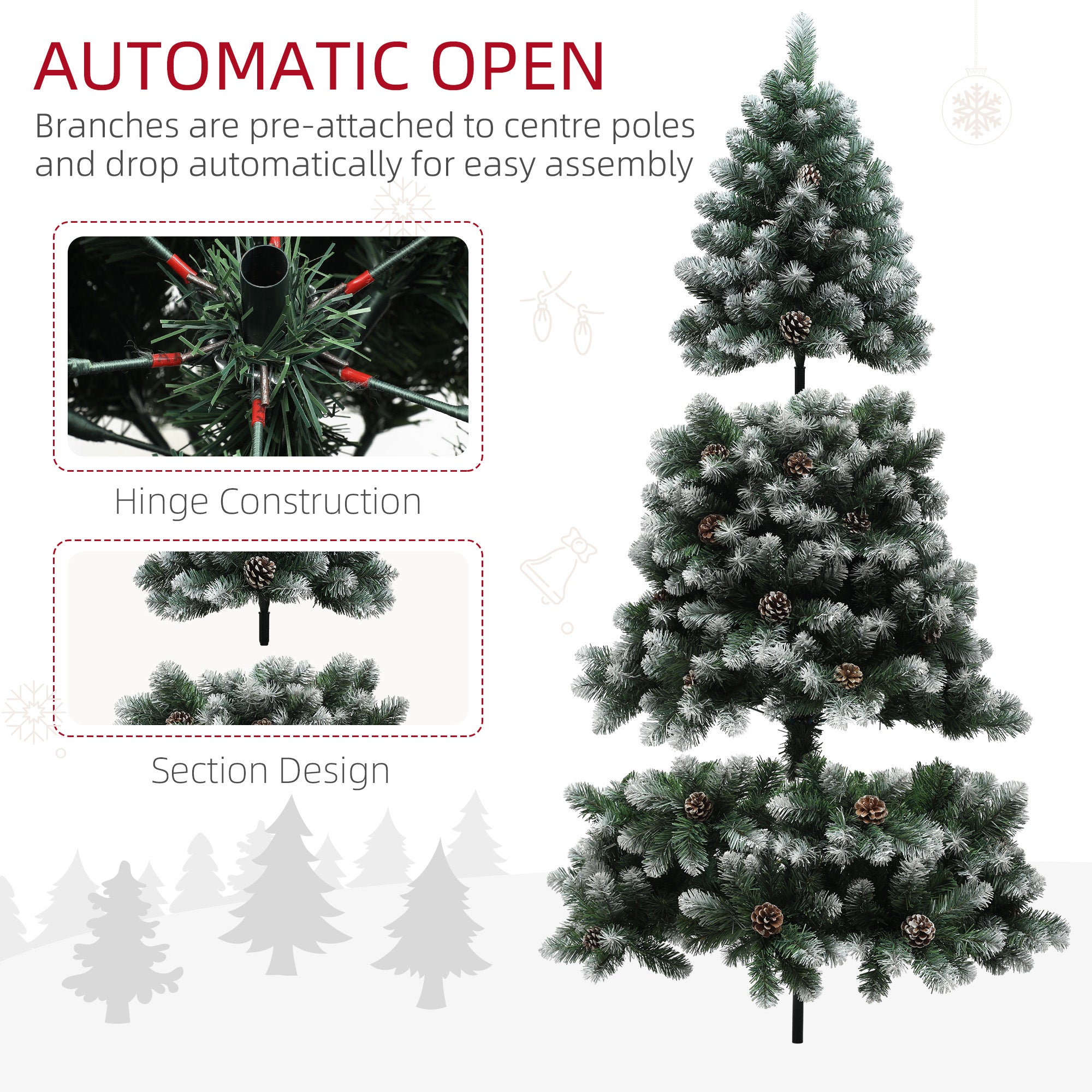 HOMCOM 6ft Artificial Pine Christmas Tree with 774 Branch Tips and Steel Base, Realistic Hinged Tree with Pinecones, Holiday Décor for Home Office, Green