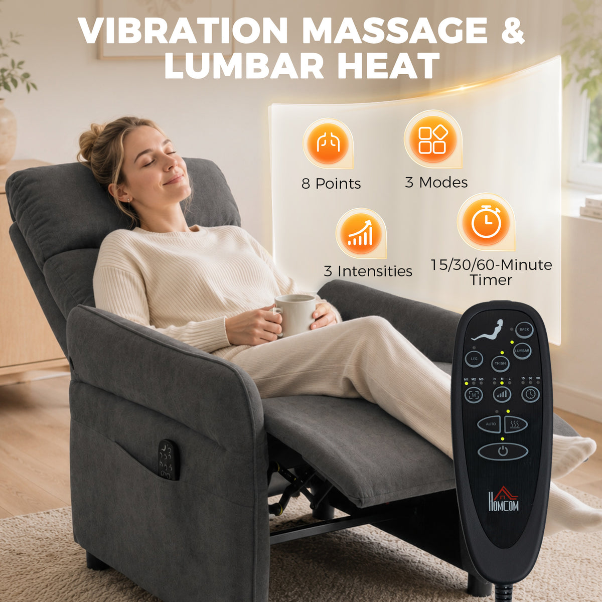 Recliner Armchair, Push Back Recliner Chair with Massage & Heat, Adjustable Armrests, Terry Cloth Manual Reclining Single Sofa with Footrest, Dual Side Pockets for Home Living Room, Dark Grey